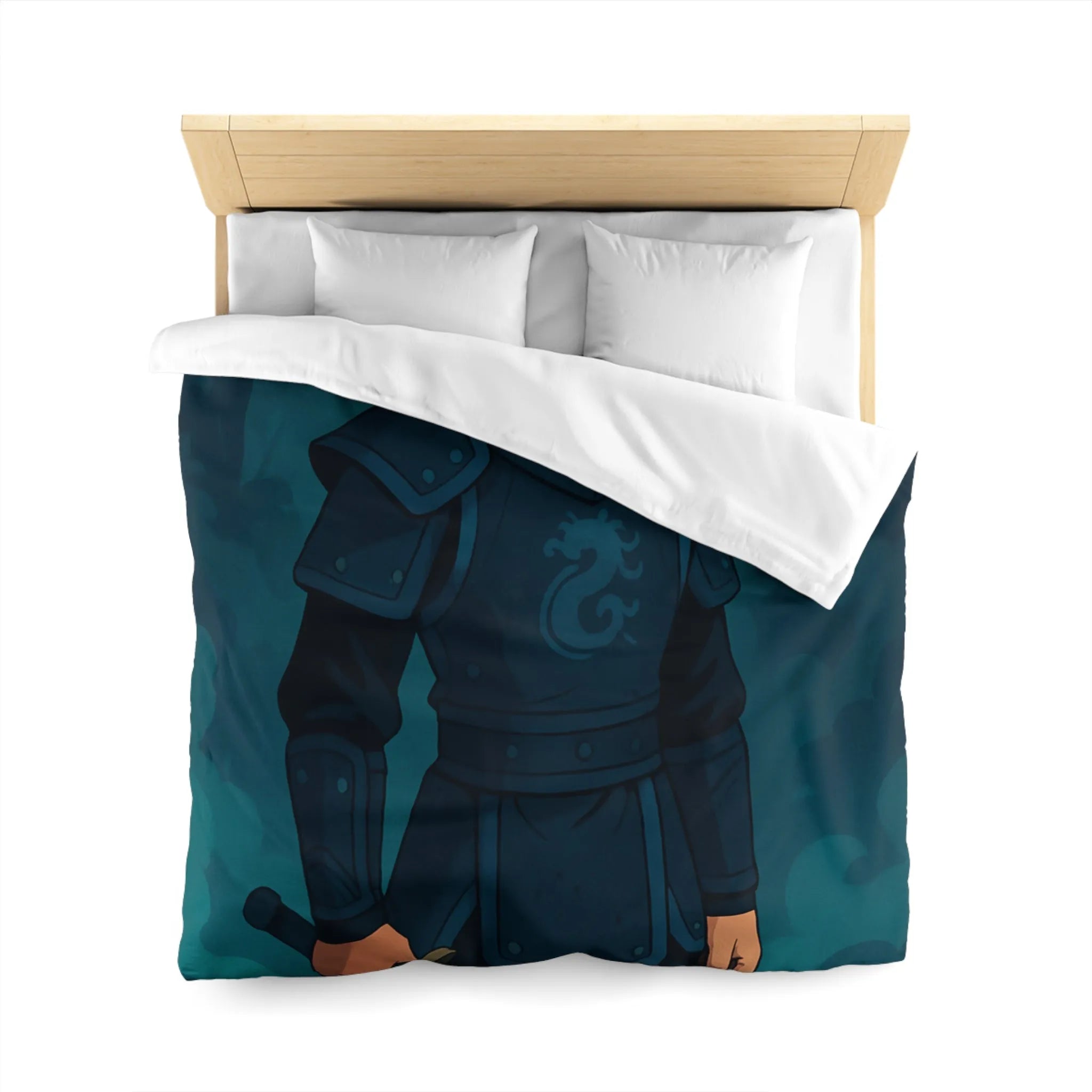 Housse de couette avec illustration guerrier en armure et épée dans la forêt magique