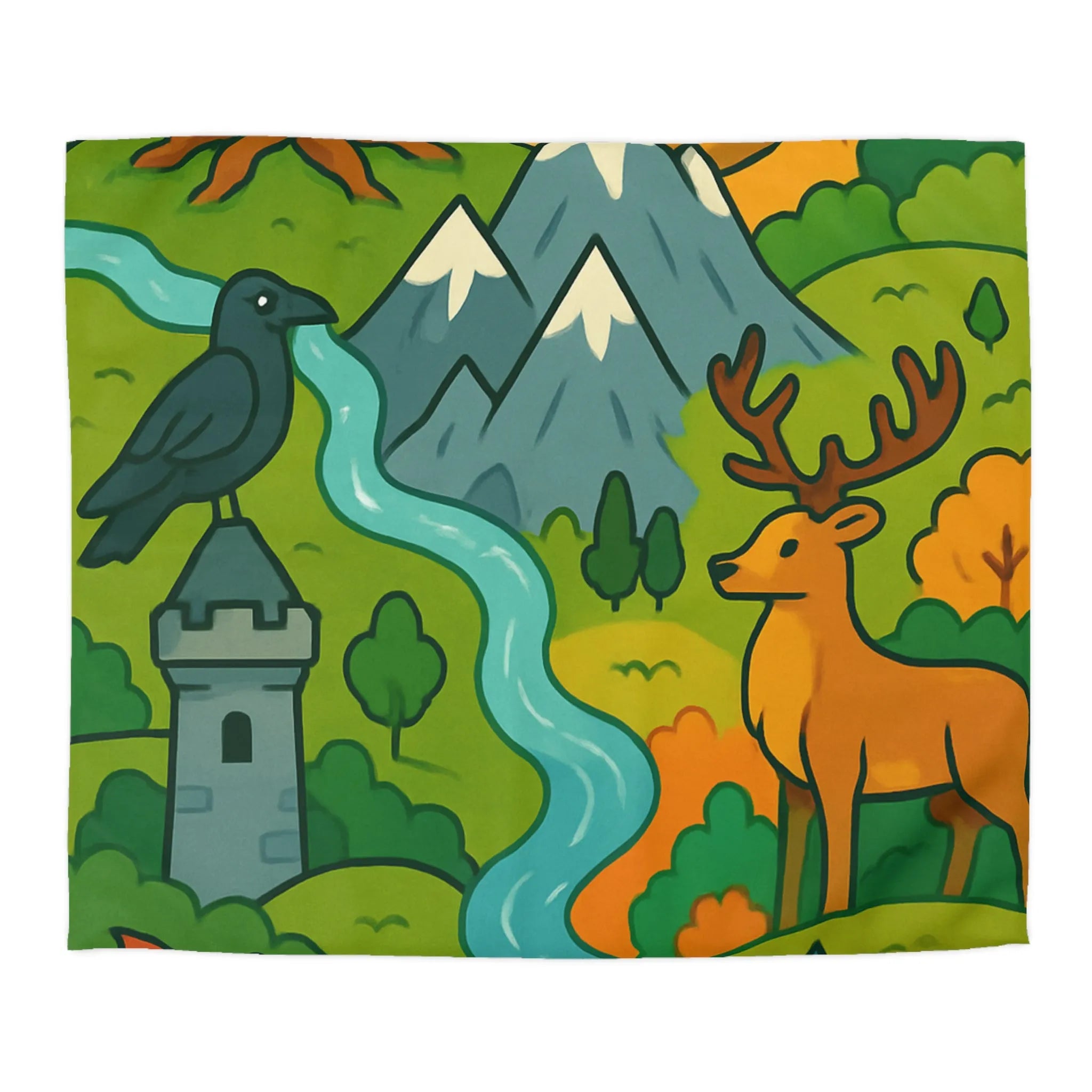 Housse de couette colorée avec motifs de nature, animaux et châteaux fantastiques magiques