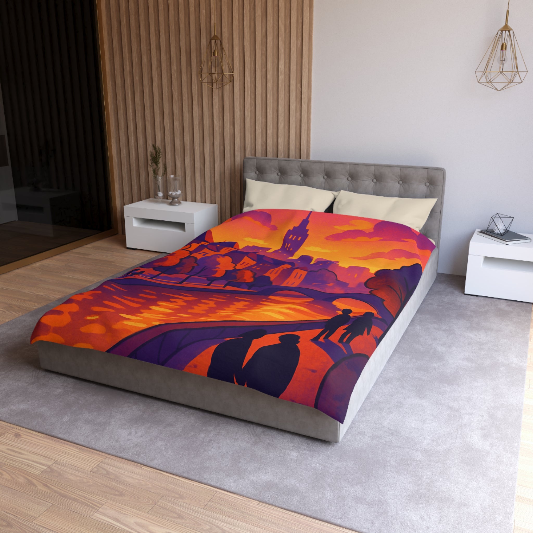 Vibrant paysage urbain crépusculaire avec silhouettes et rivière pour housse de couette