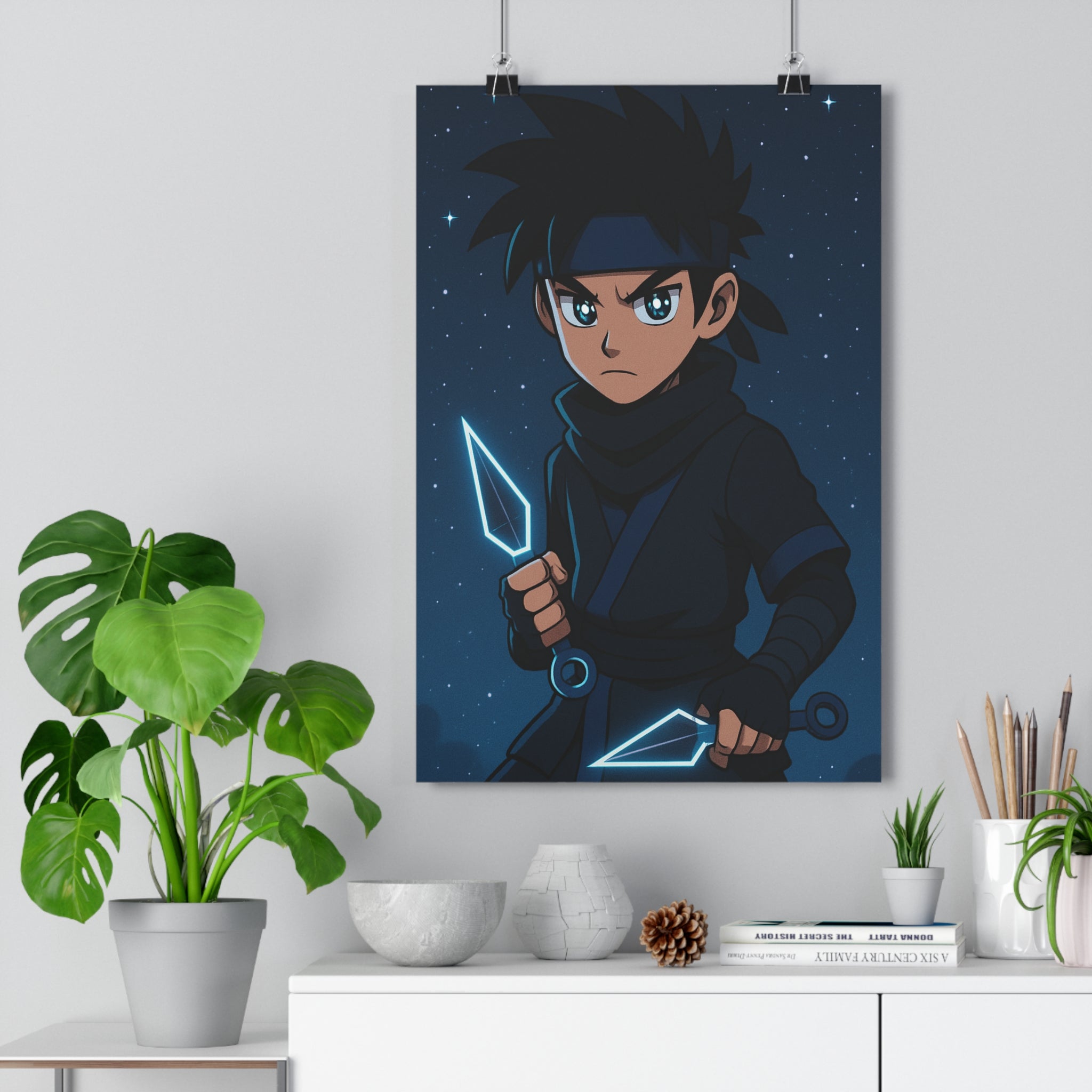 Poster décoratif ninja moderne étoilé noir bleu mystique aventure chambre anime dynamique captivant lumineux