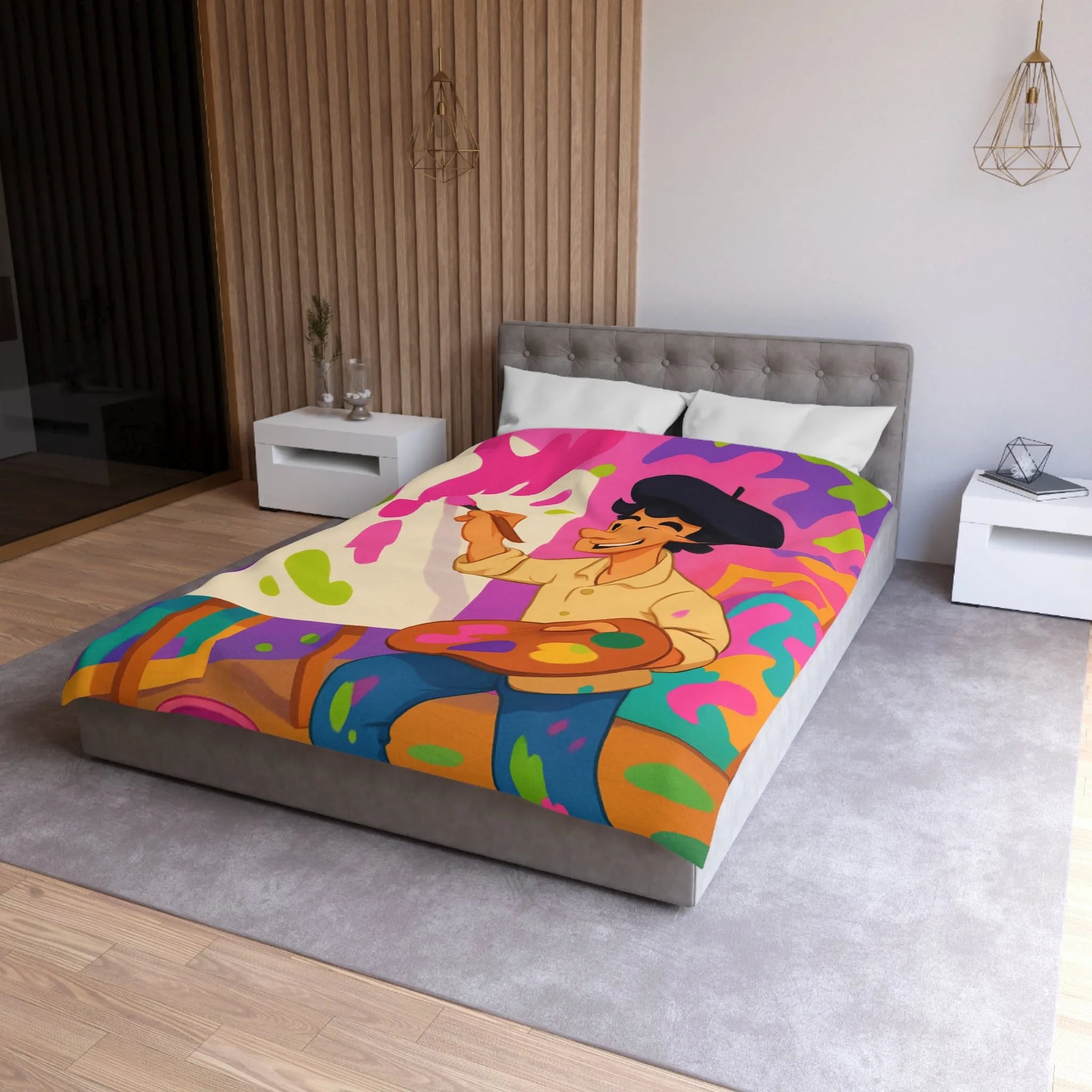 Housse de couette colorée avec artiste joyeux peignant des éclaboussures lumineuses abstraites