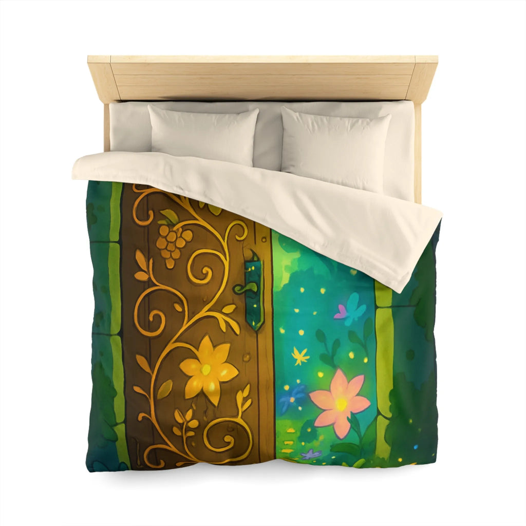 Housse de couette magique avec motif de porte mystique illuminée et papillons colorés