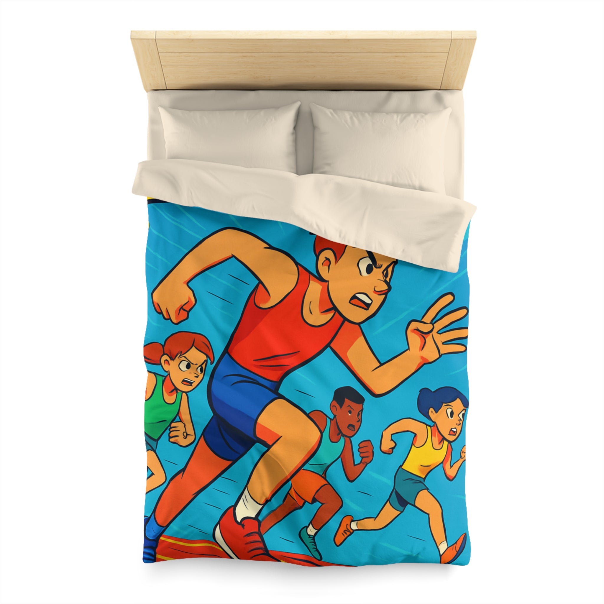 Housse de couette vibrant style bande dessinée enfants courant vers la ligne d'arrivée