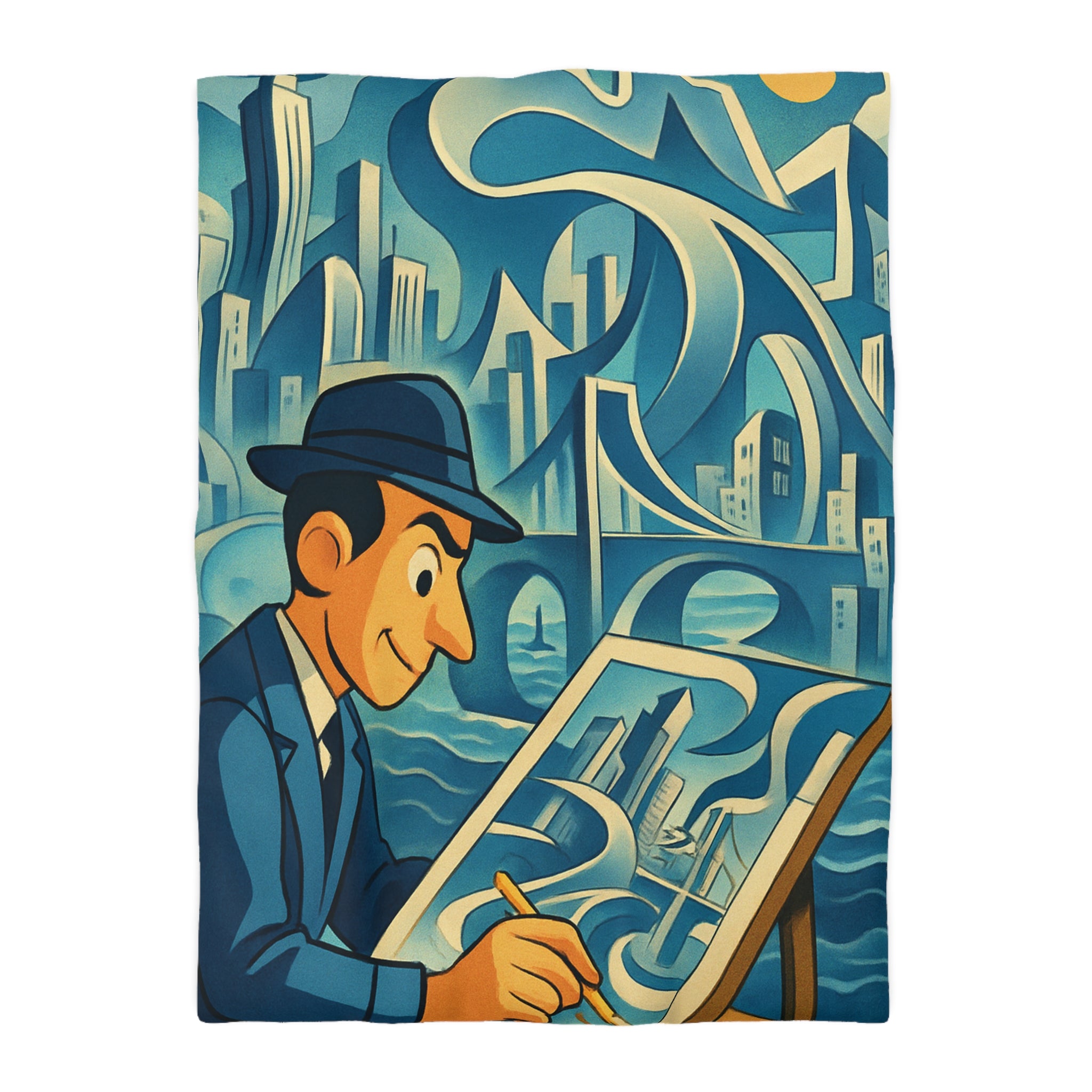 Motifs artistiques urbains bleus et jaunes pour une housse de couette moderne et stylée