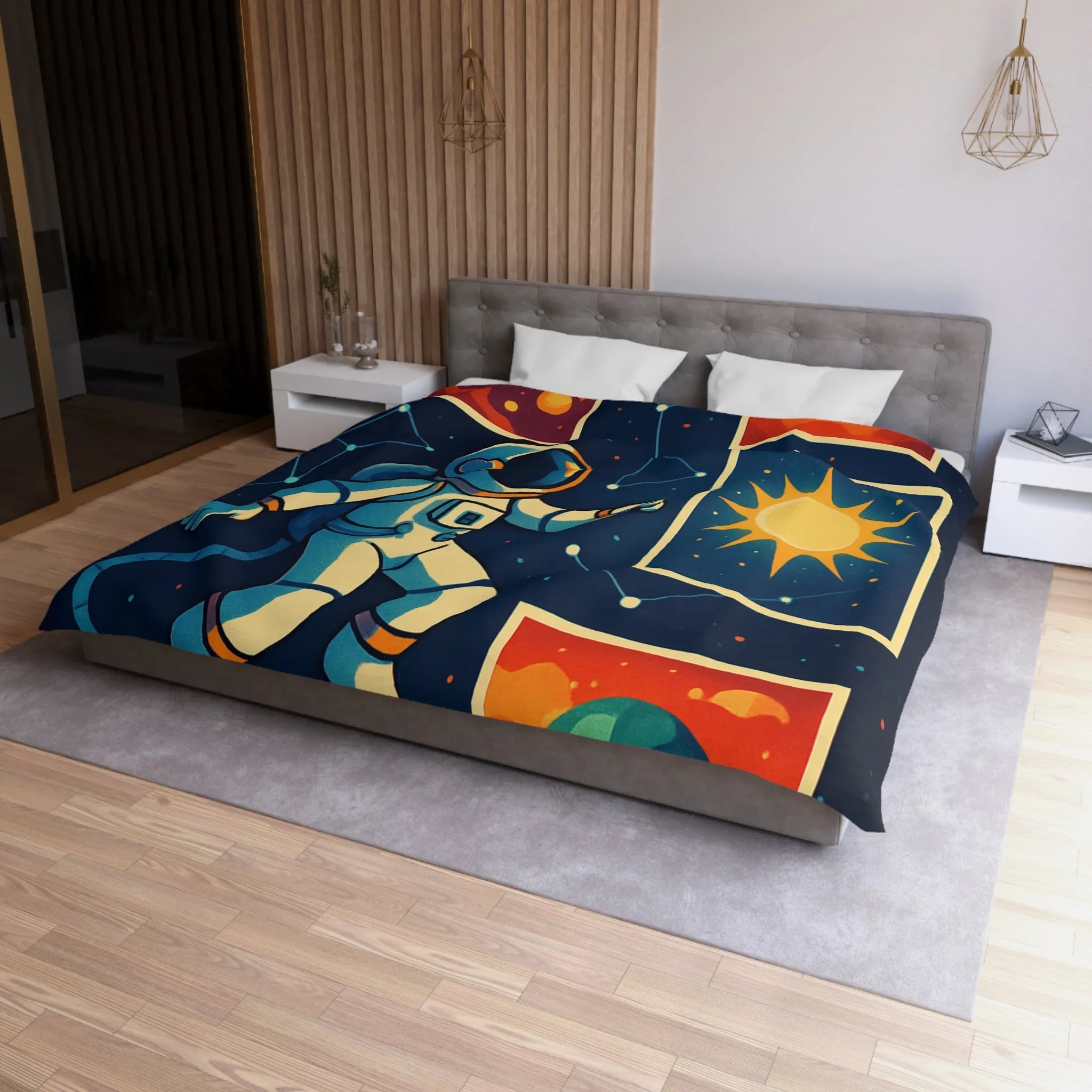 Housse de Couette Espace: Astronaute Flottant parmi Planètes et Constellations, Nuit Étoilée