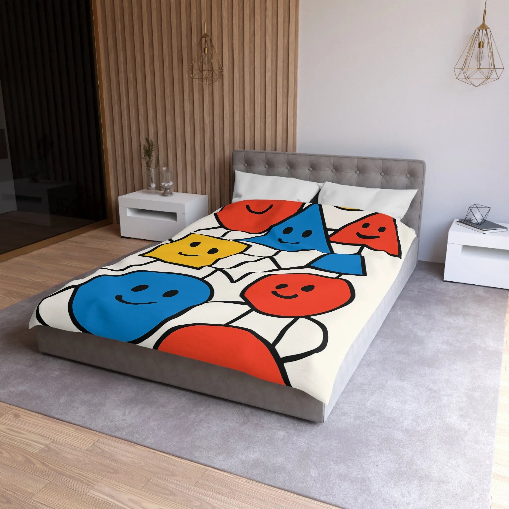 Housse de couette colorée avec formes géométriques amusantes et visages souriants pour enfants