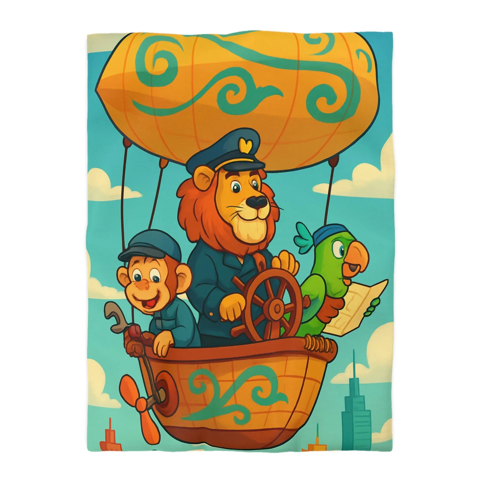 Housse de couette enfant avec montgolfière lion, singe, perroquet colorée et joyeuse