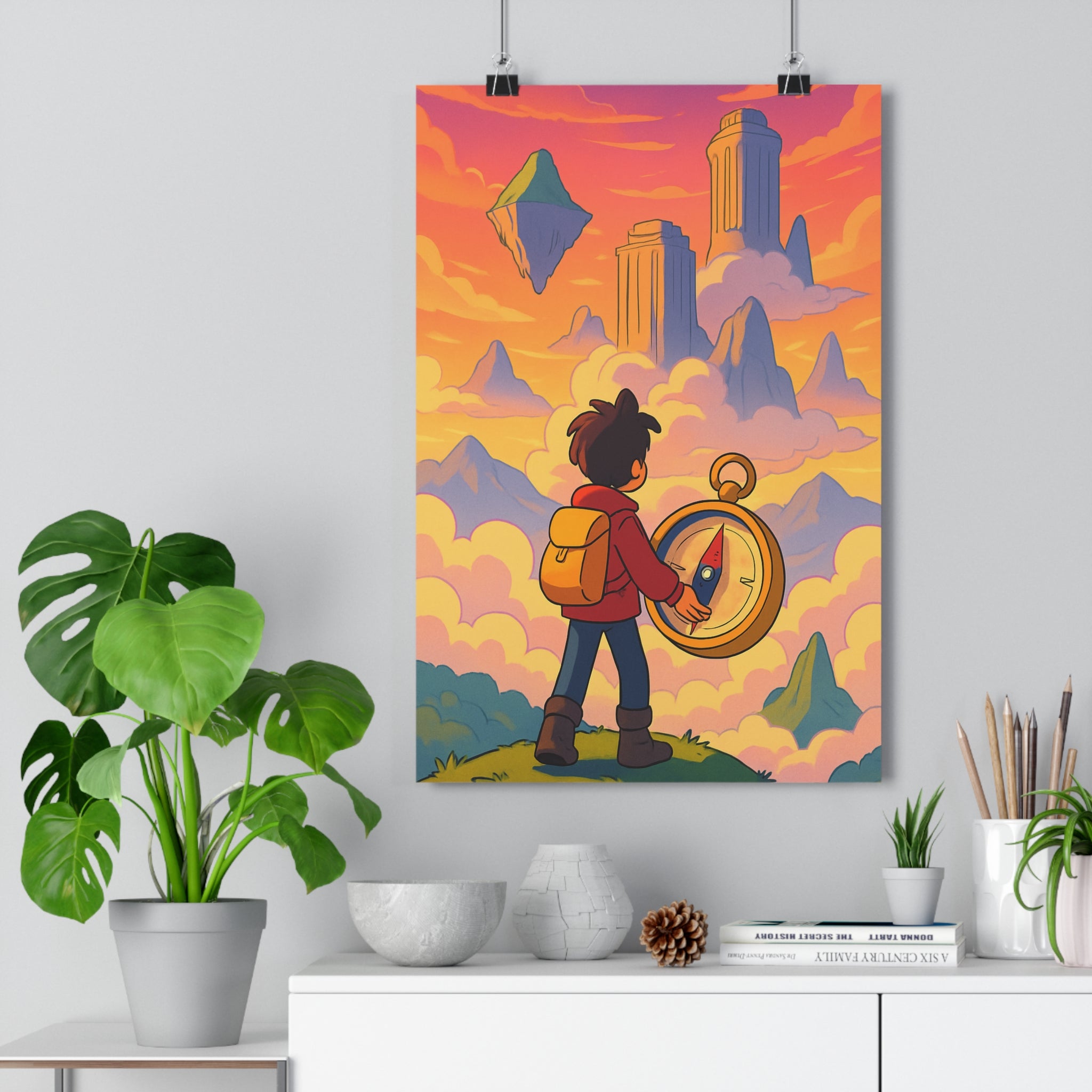 Poster décoratif fantastique aventure cartoon orange rose chambre enfant paysage montagne rêve boussole qualité