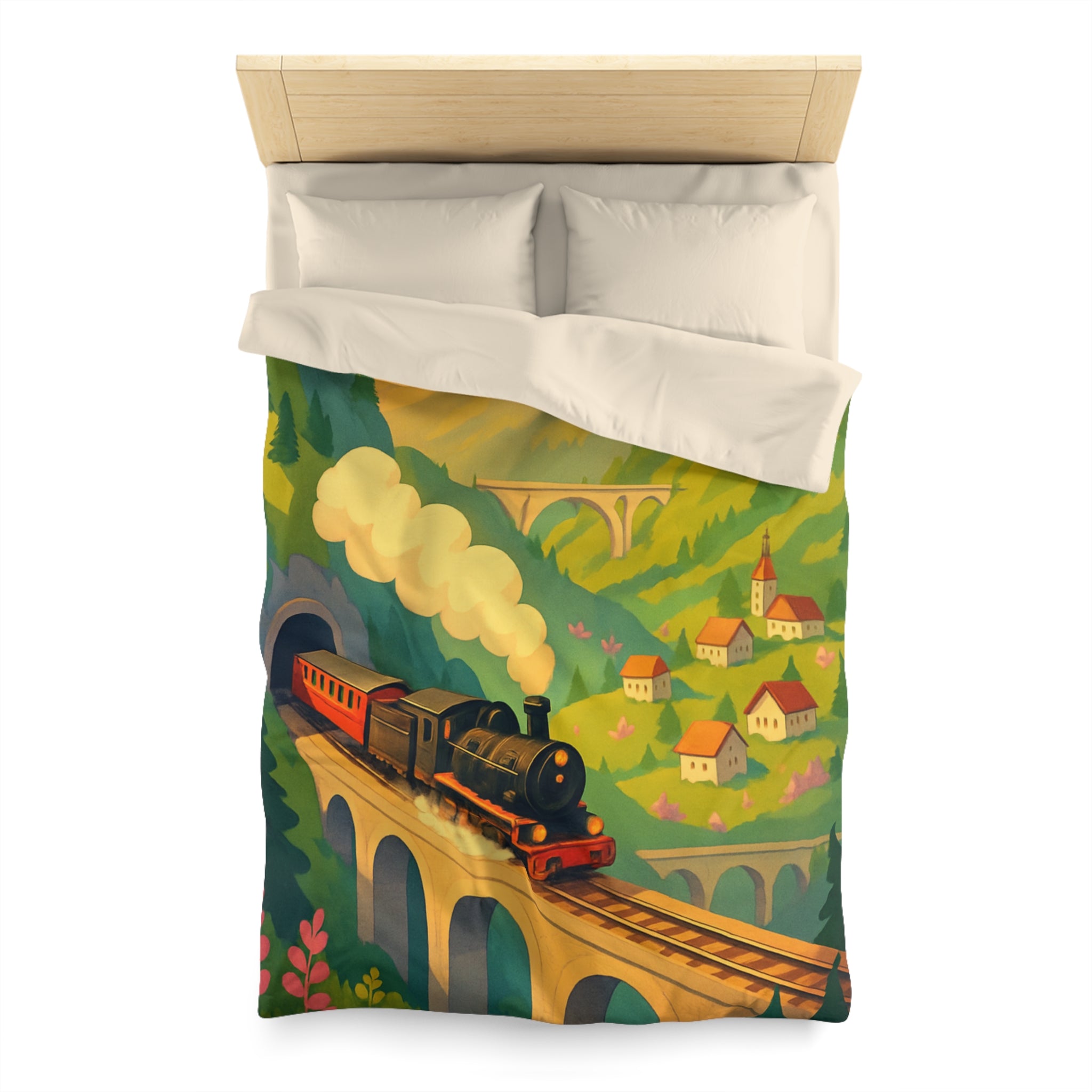 Housse de Couette Vintage Montagne Train Pont Naturelle Ambiance Enchantée Peinture Colorée