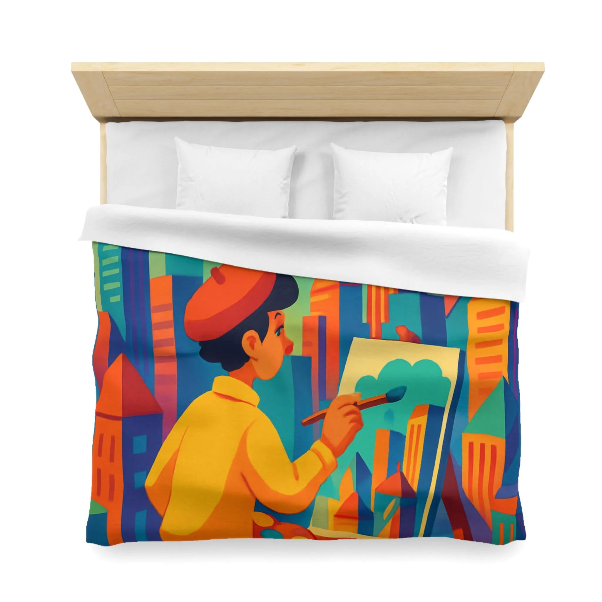 Housse de couette illustrée avec artiste et paysage urbain aux couleurs vibrantes