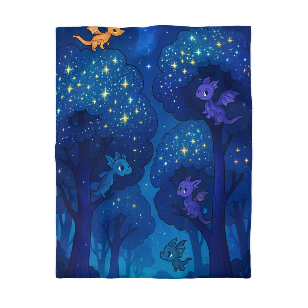 Housse de couette forêt nocturne enchantée avec dragons colorés et ciel étoilé