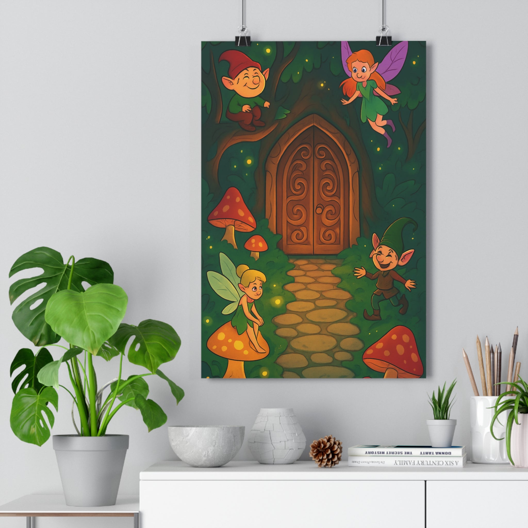 Poster décoratif féérique cartoon pastel joyeux enfant chambre magique créatures enchantées bois coloré ambiance