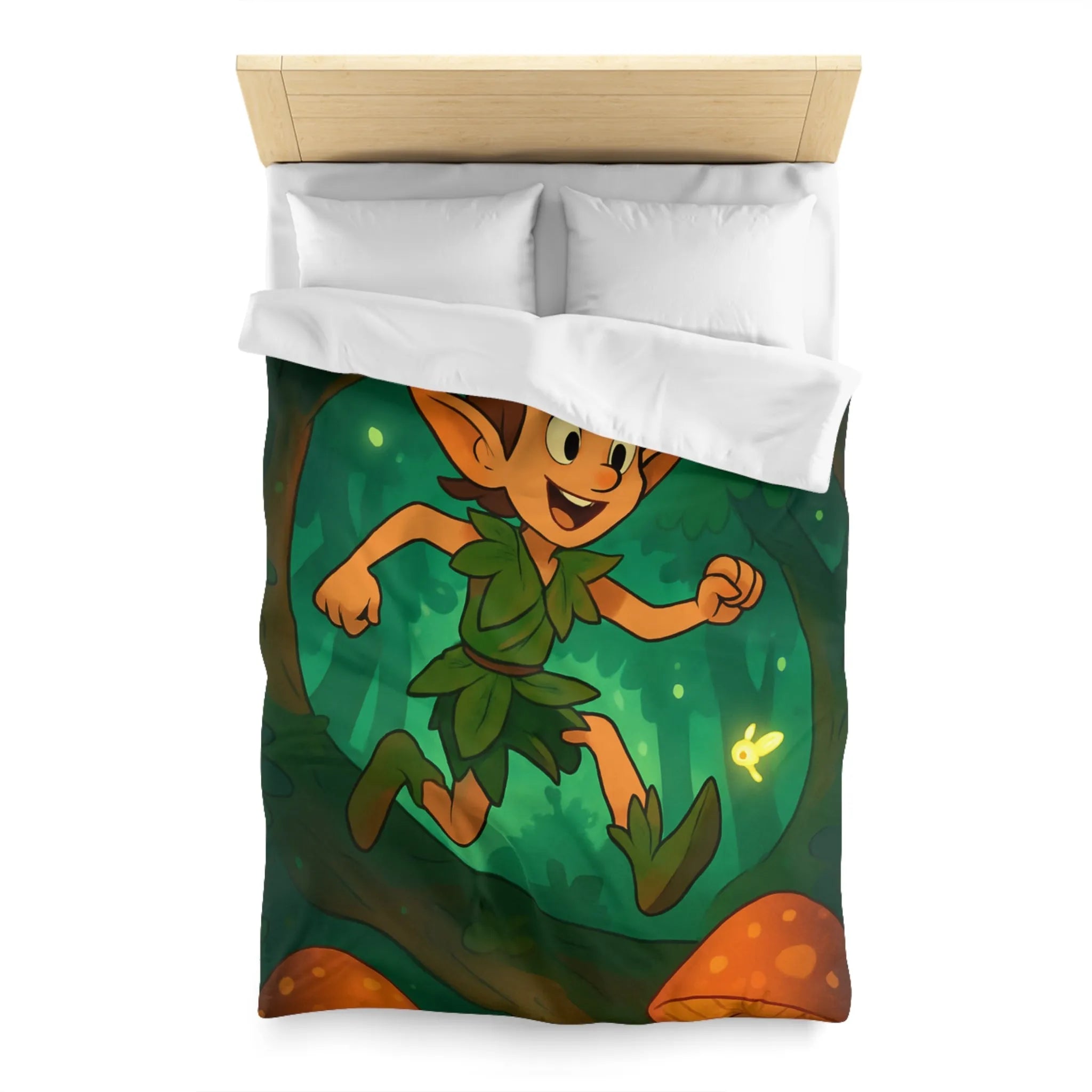 Housse de couette féérique avec elfes sautant parmi champignons lumineux en forêt