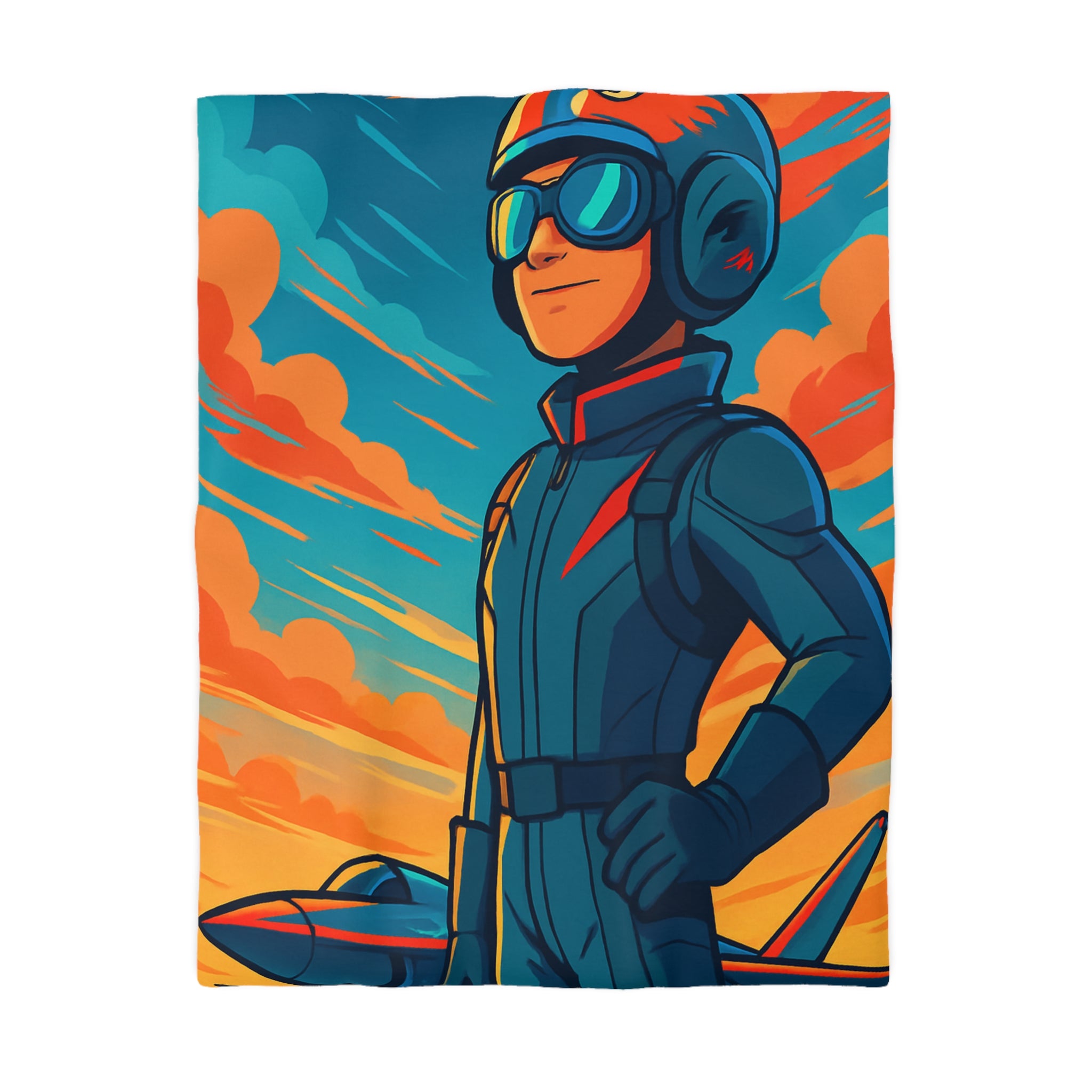 Housse de couette pilote aviateur dessin animé coloré ciel flamboyant jet moderne