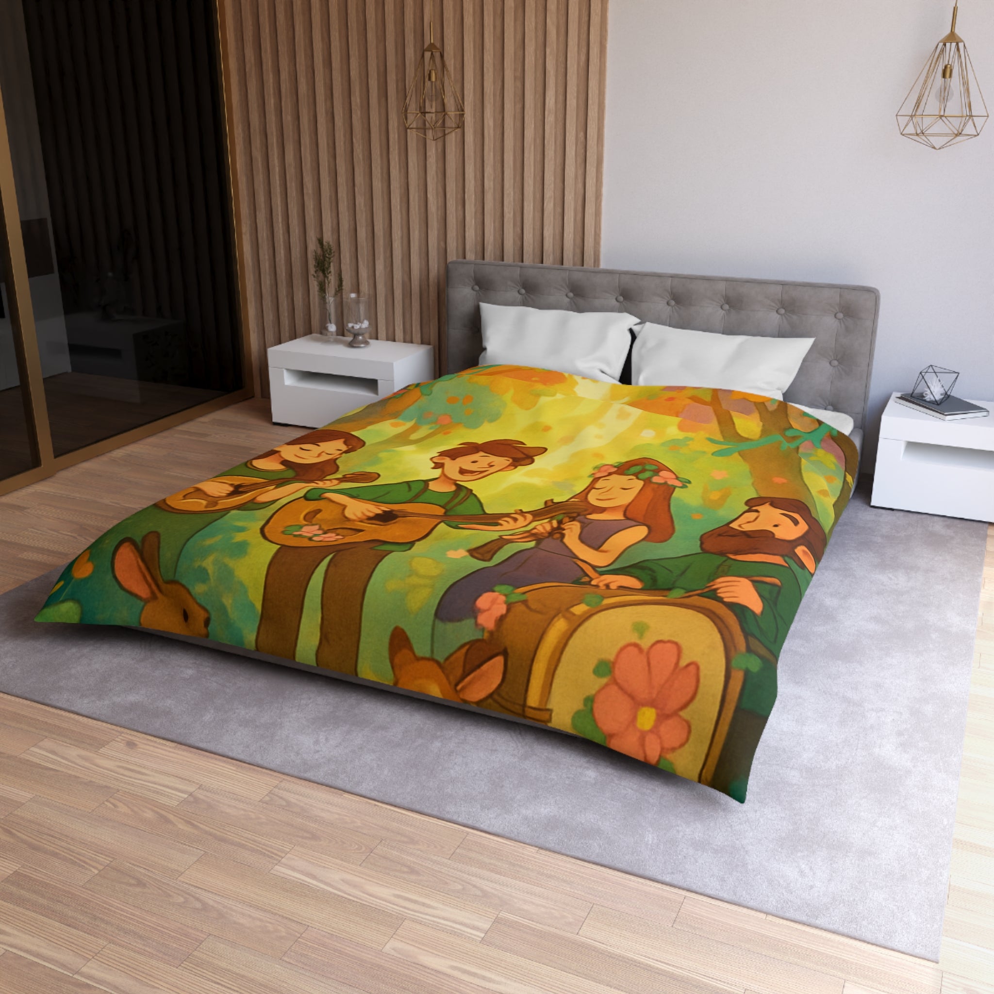 Housse de couette musicale enchantée forêt, animaux, motifs vibrants pour chambre féerique