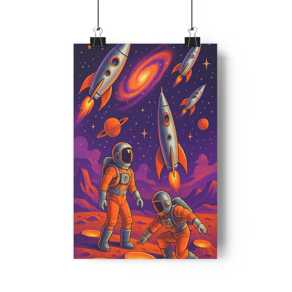 Poster décoratif rétrofuturiste violet orange cartoon espace aventure salon bureau tendance unique qualité premium