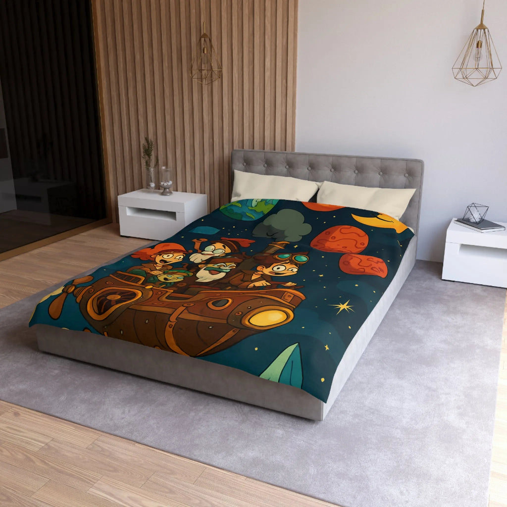 Housse de couette magique pour enfant avec voyage spatial et planètes souriantes colorées