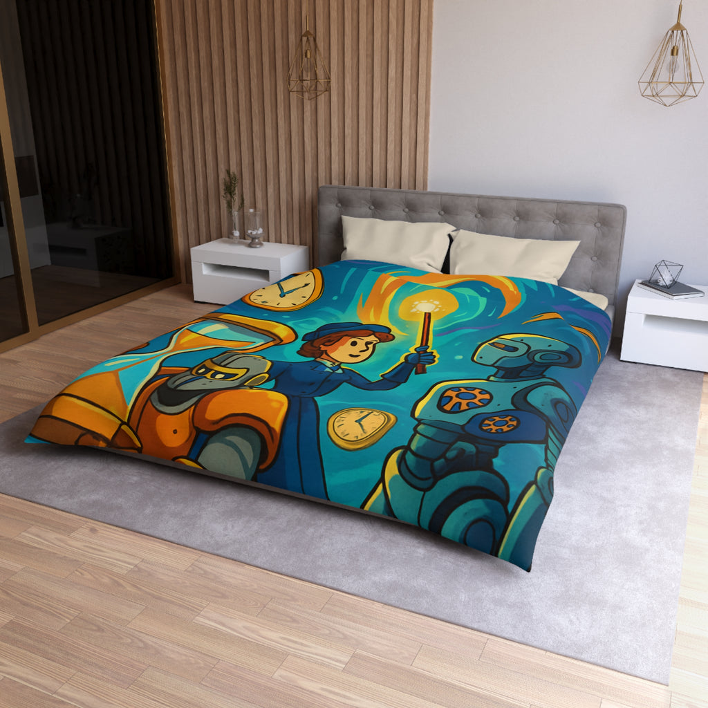 Housse de couette thème science fiction avec robots et horloges pour chambre moderne