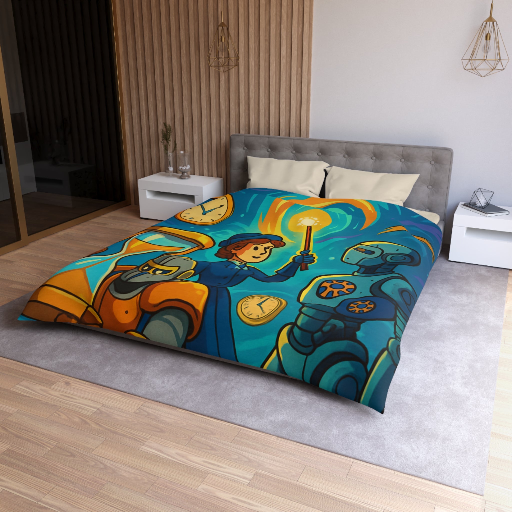 Housse de couette thème science fiction avec robots et horloges pour chambre moderne