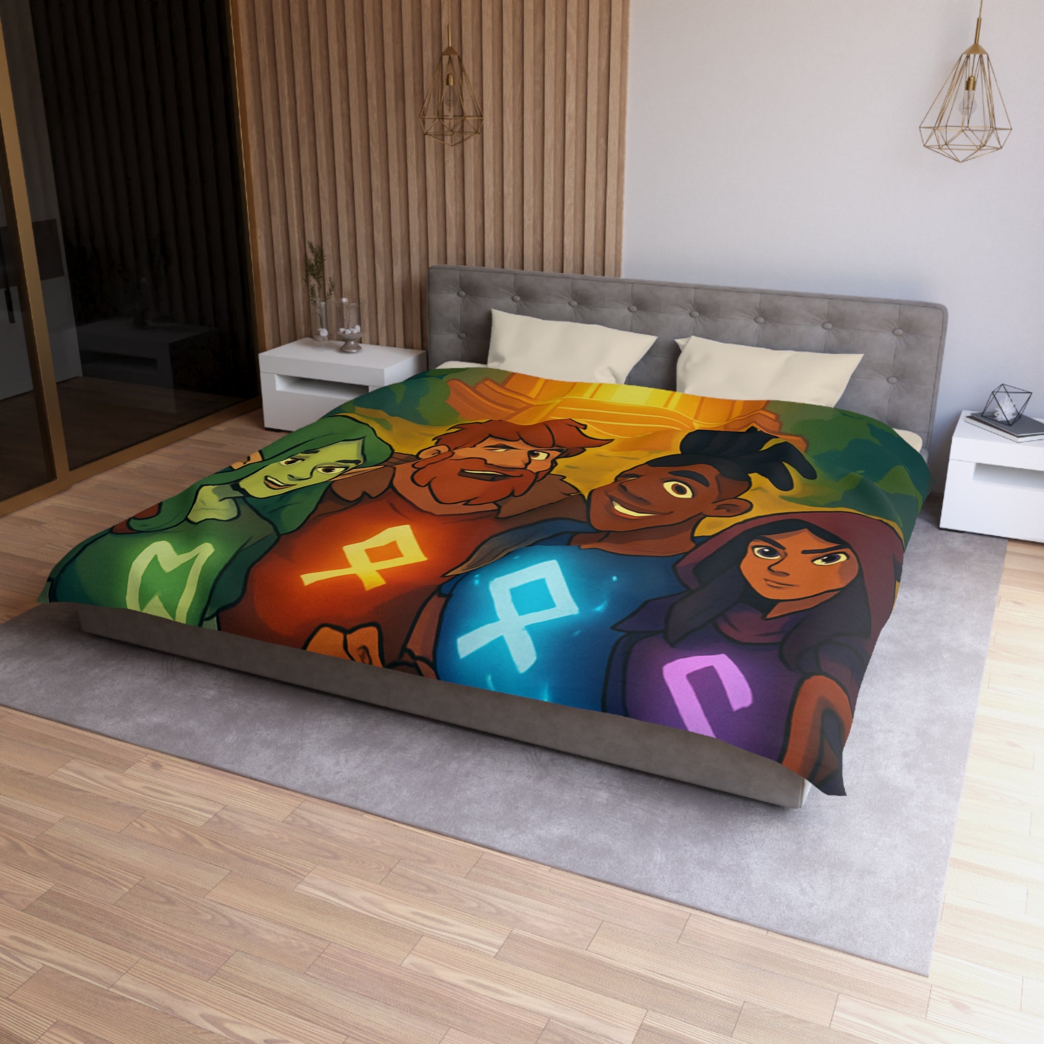 Housse de couette vibrant avec aventure illustrée de quatre héros devant un ancien temple