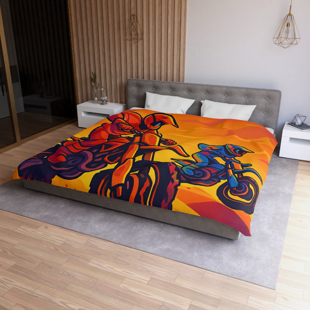 Housse de couette moto aventure: dynamique, couleurs vives, coucher de soleil dramatique