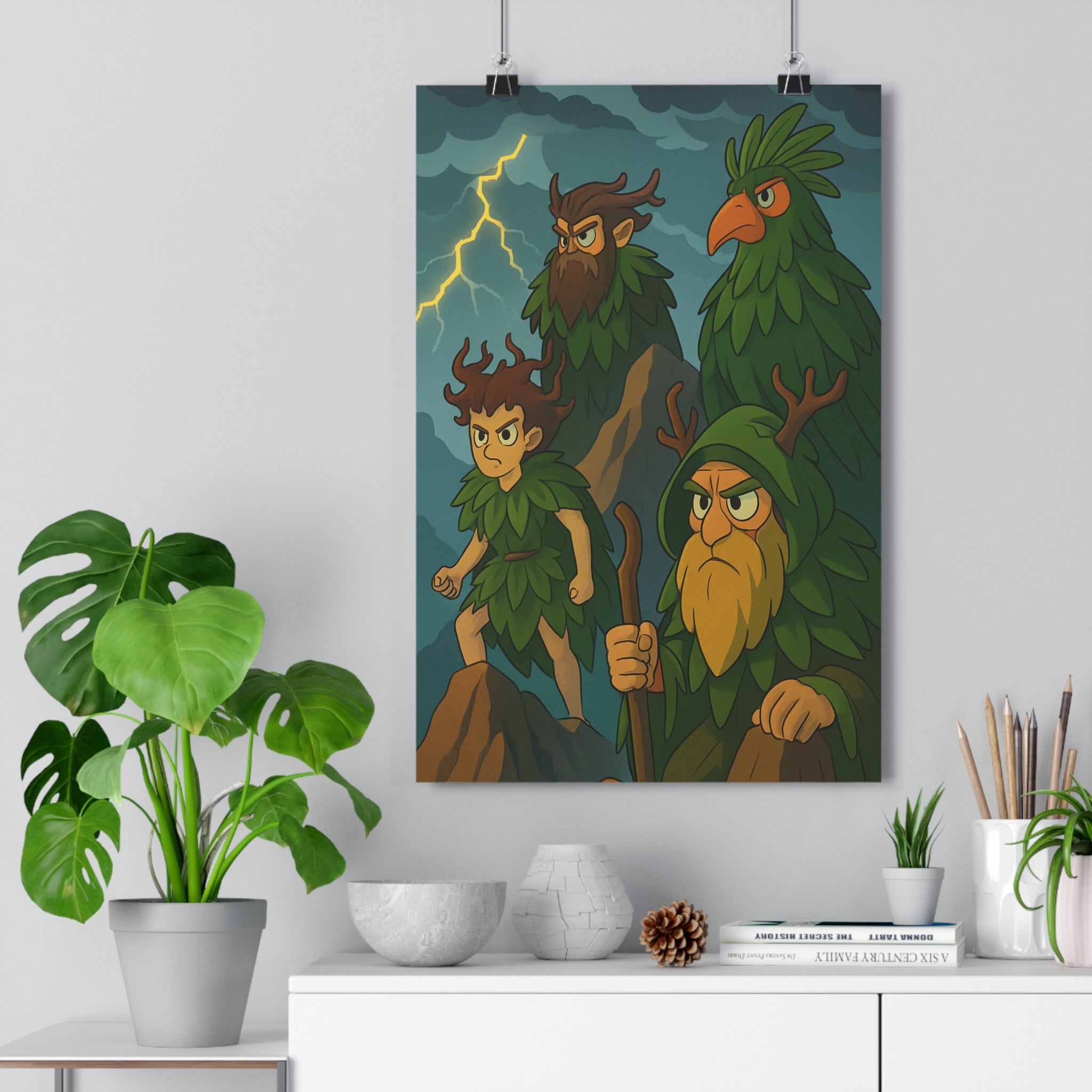 Poster décoratif fantaisie cartoon vert marron aventure montagne garçon créatures chambre salon art unique