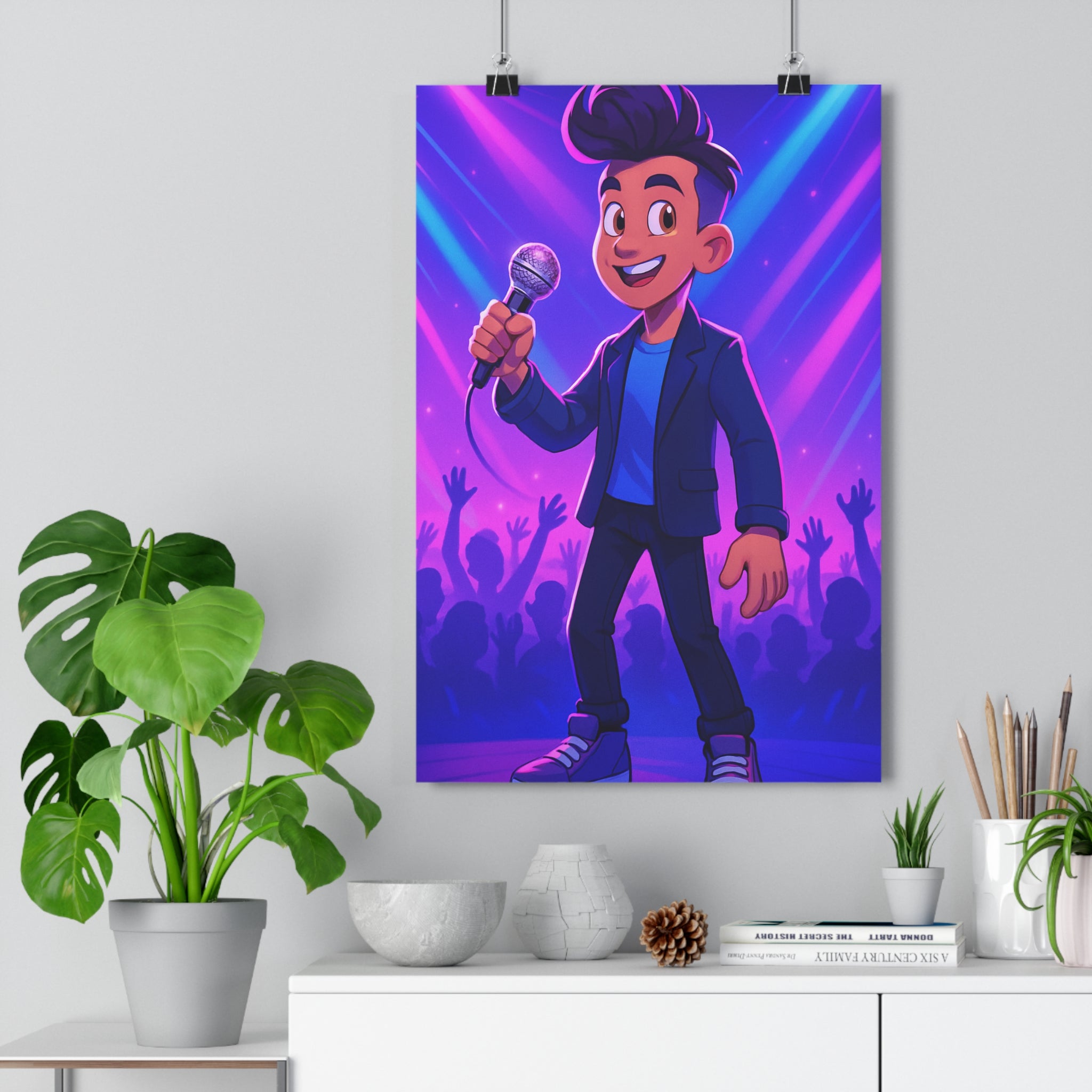 Poster décoratif moderne vibrant violet bleu chambre adolescent musique dynamique scène dessin animé émergent
