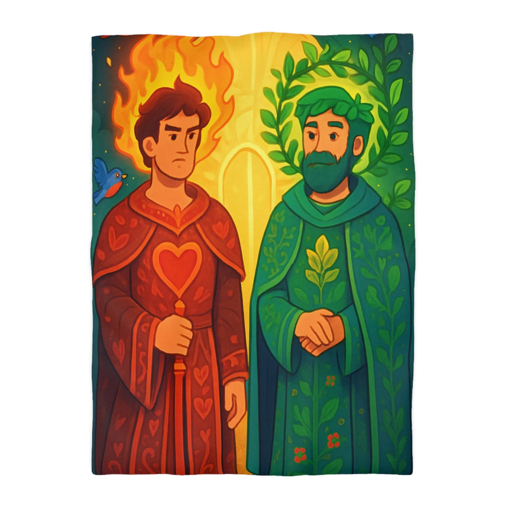 Housse de Couette Colorée avec Illustration Médiévale de Personnages Mystiques et Oiseaux Enchantés