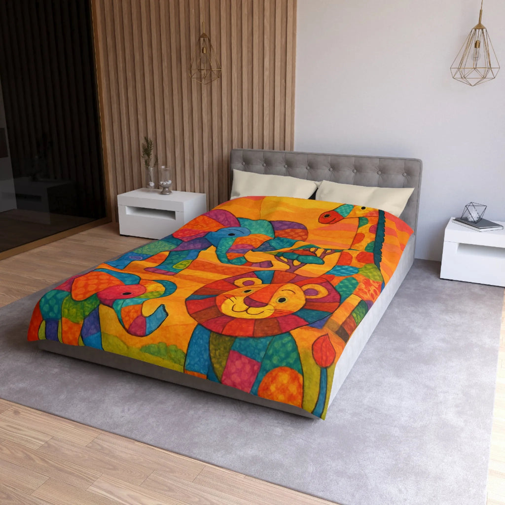Housse de couette colorée avec éléphants, girafe et lion en style patchwork