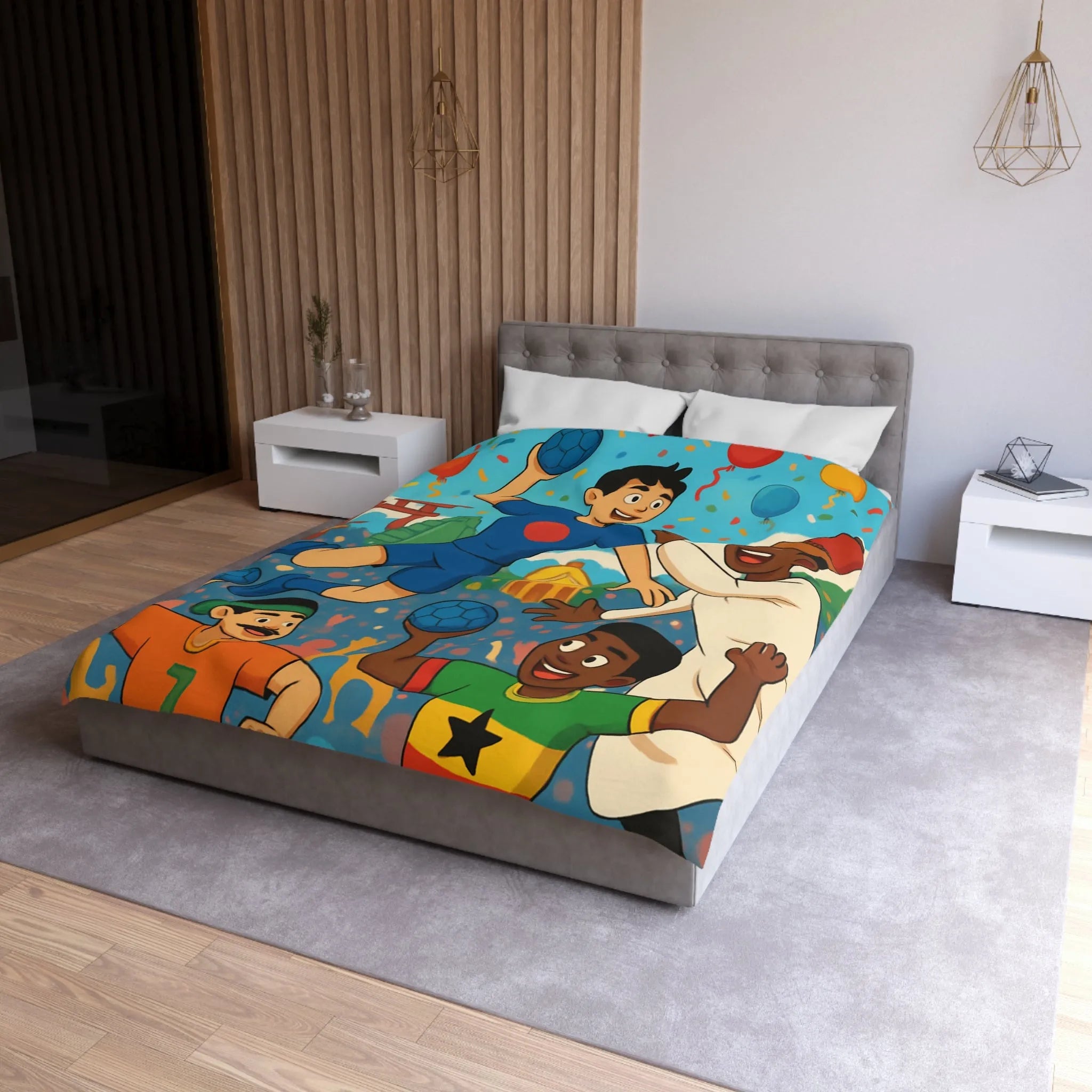 Housse de couette colorée célébrant la diversité multiculturelle avec ballons et drapeaux