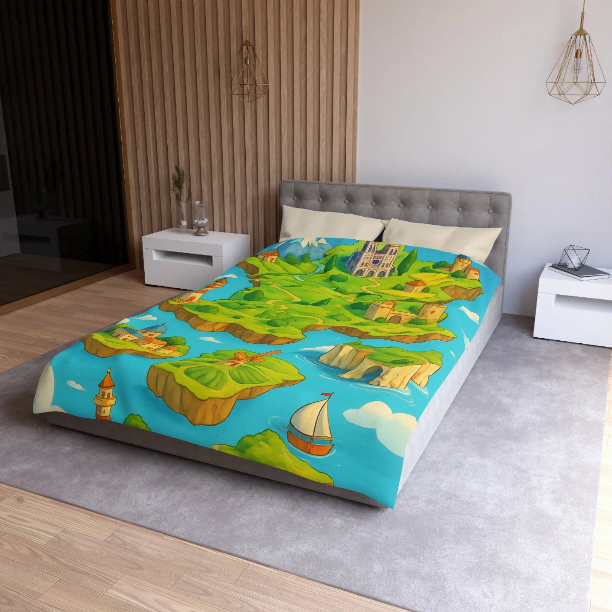 Housse de Couette Fantaisie Île Flottante Paysage Coloré Mer Moulins et Phare