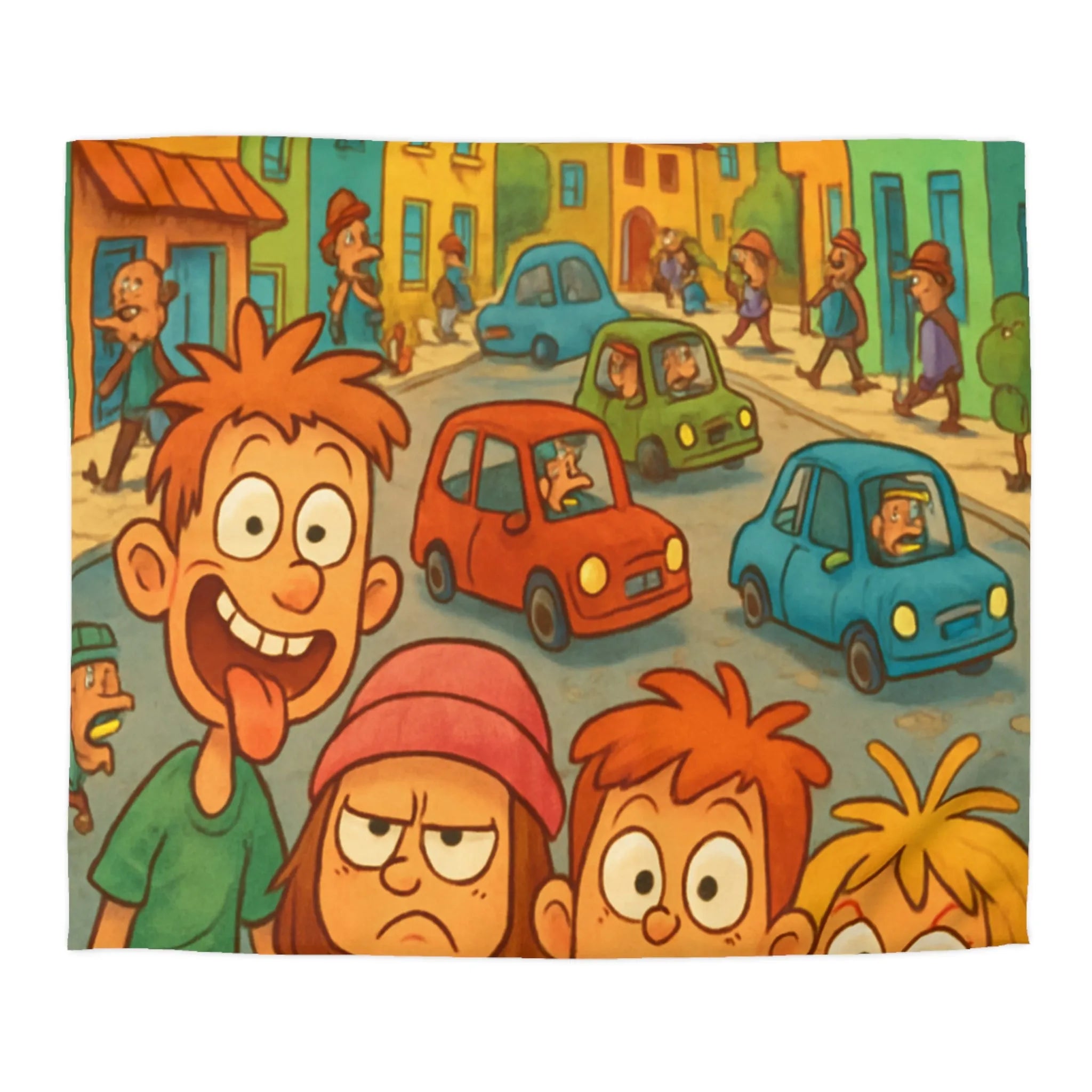 Housse de couette enfants joyeuse ville animée avec personnages colorés et expressions vives