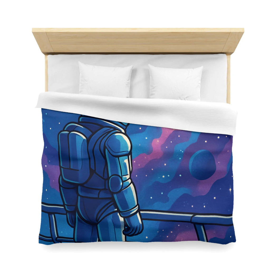 Housse de couette design astronaute contemplant galaxies et planètes dans l'espace infini