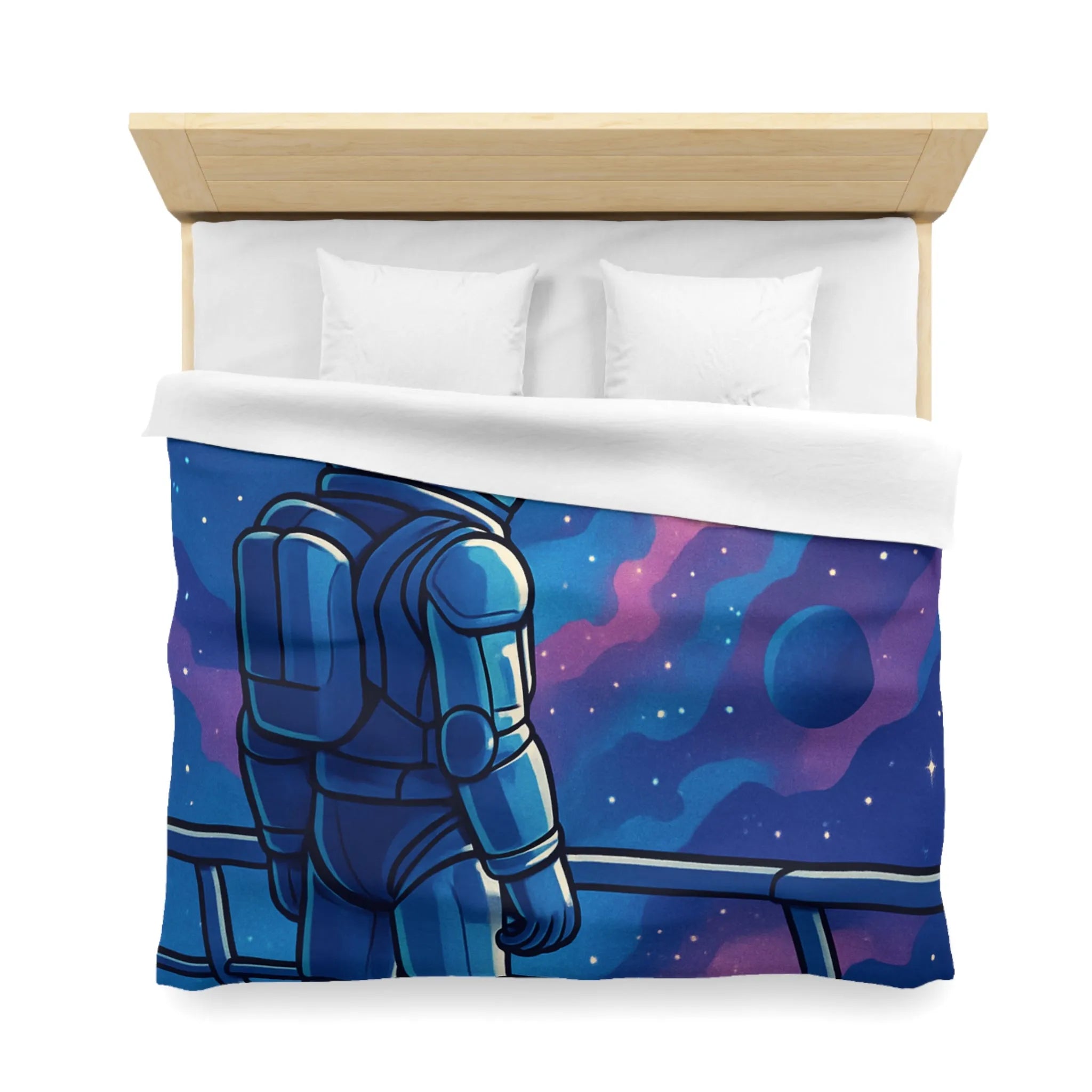 Housse de couette design astronaute contemplant galaxies et planètes dans l'espace infini
