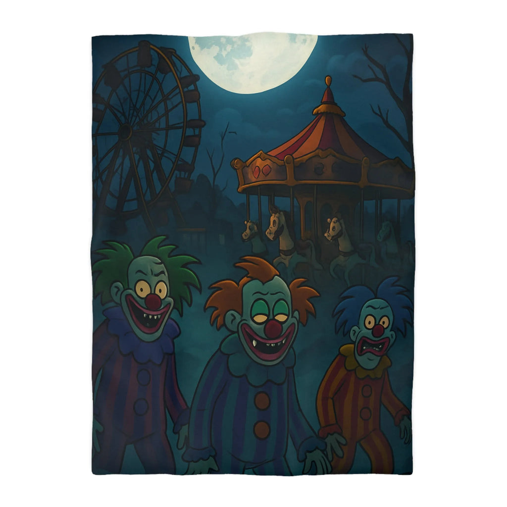 Housse de couette effrayante avec clowns sinistres et pleine lune, ambiance terrifiante