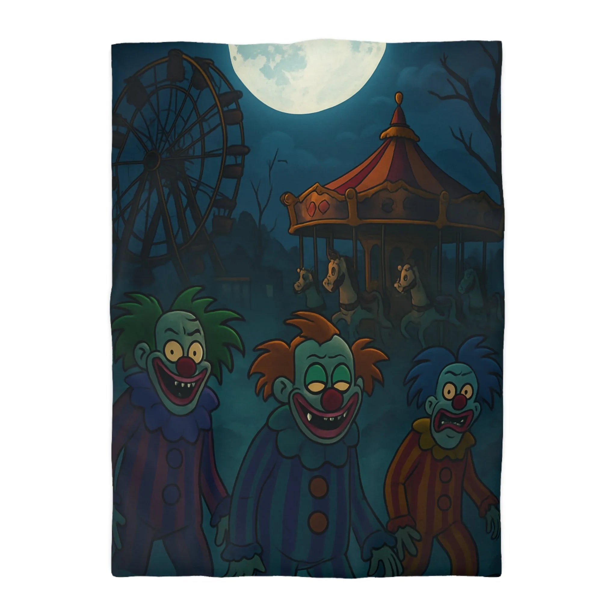 Housse de couette effrayante avec clowns sinistres et pleine lune, ambiance terrifiante