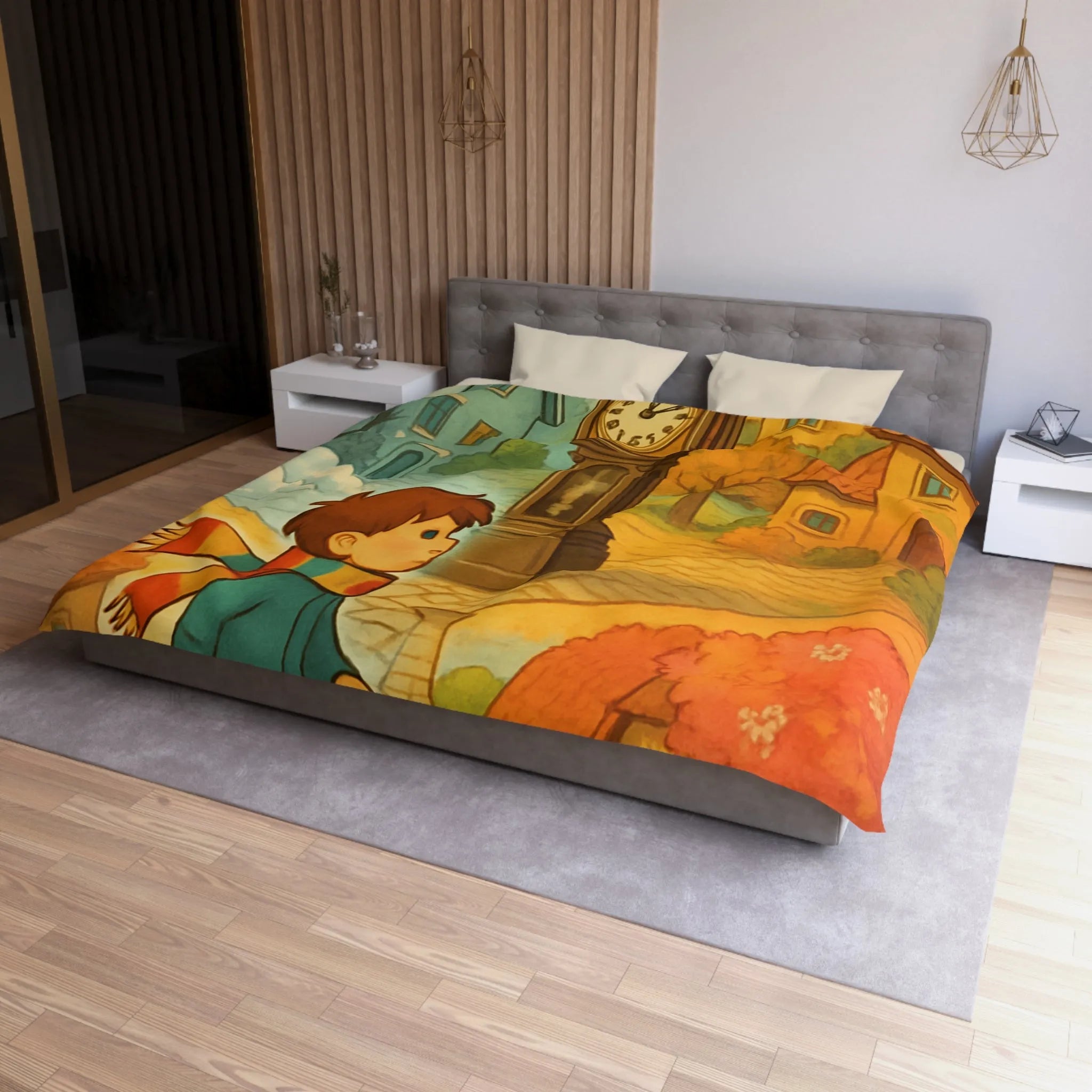 Housse de Couette Enfant Colorée avec Scène Enchanteresse de Village et Horloge Fantaisiste