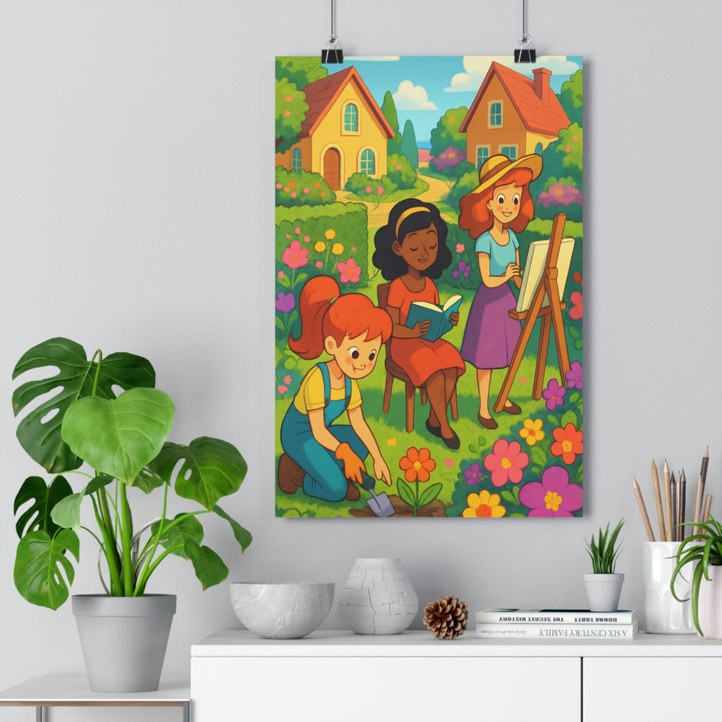 Poster décoratif cartoon vibrant coloré joyeux salon chambre femme jardin lecture peinture qualité qualité