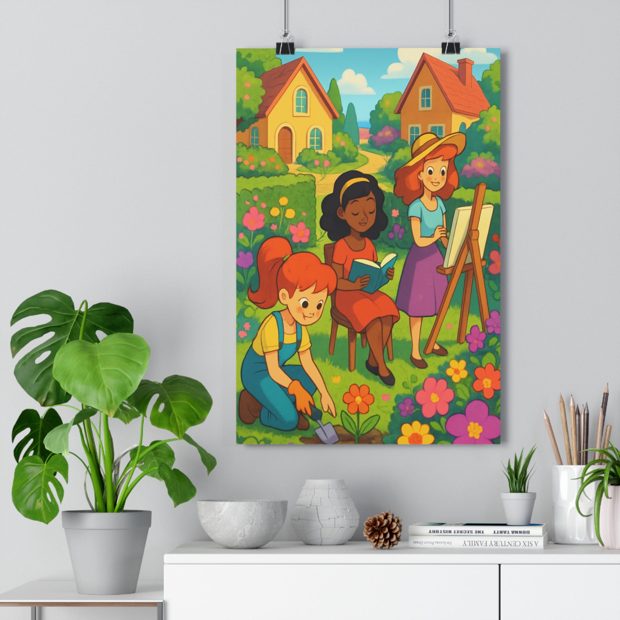 Poster décoratif cartoon vibrant coloré joyeux salon chambre femme jardin lecture peinture qualité qualité