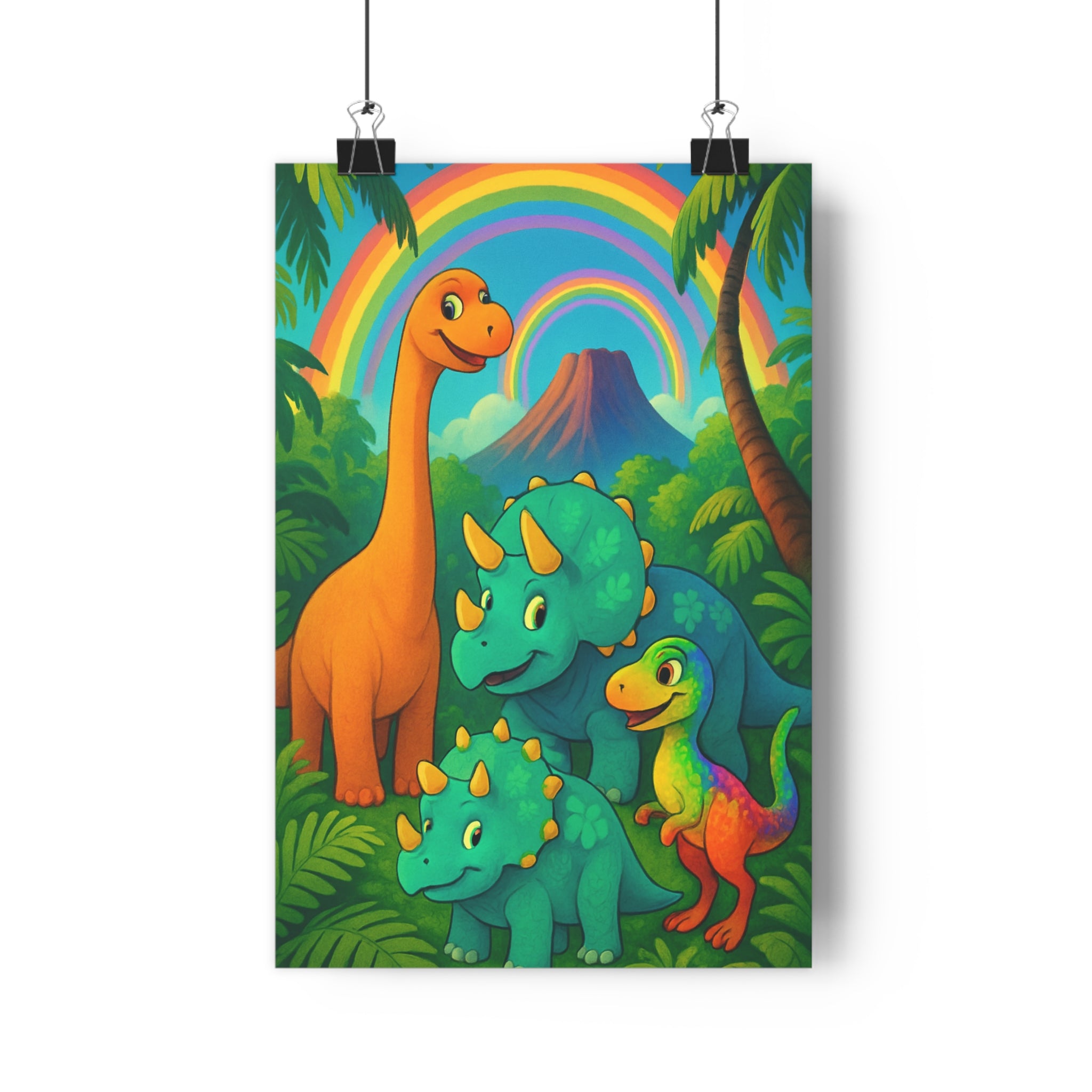 Poster décoratif cartoon vibrant dinosaure joyeux enfant chambre coloré nature jungle amusant exotique mural