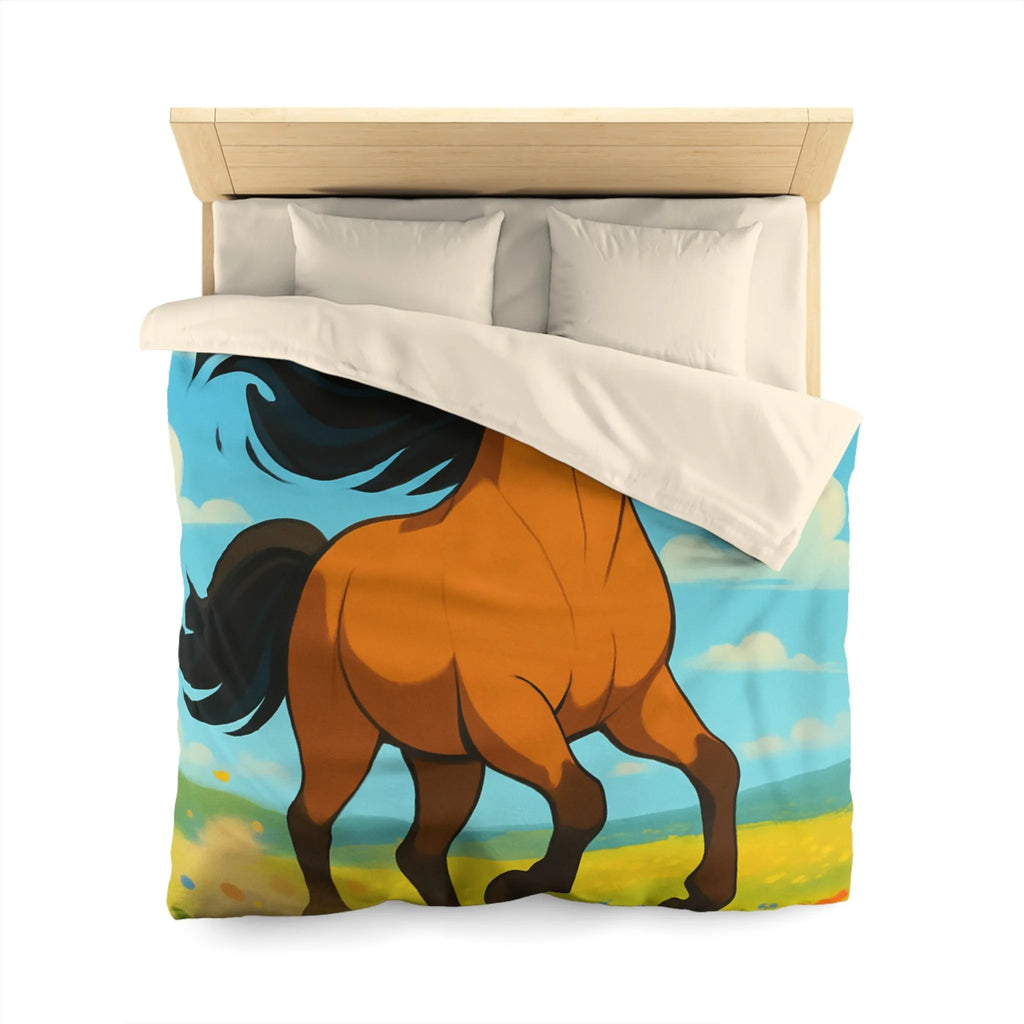 Housse de couette cheval couleur vive, prairie en fleurs, nuages, ciel bleu