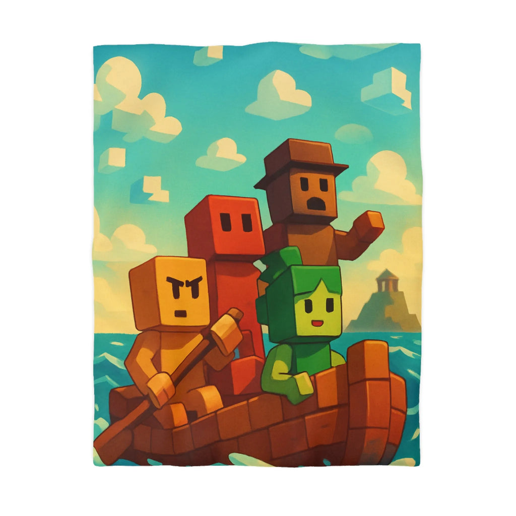 Housse de couette colorée avec personnages pixelisés sur un bateau en mer agité