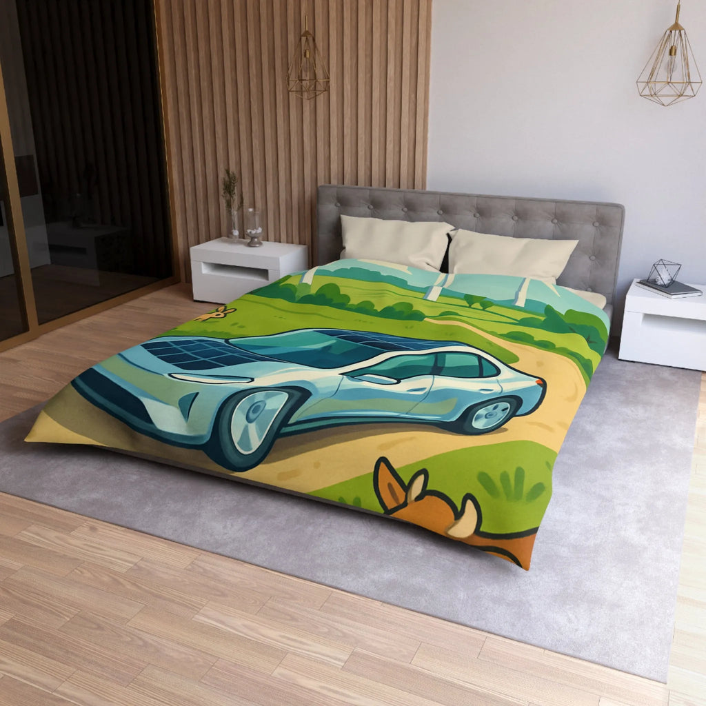 Housse de couette écologique avec voiture solaire, éoliennes et animaux dans la nature