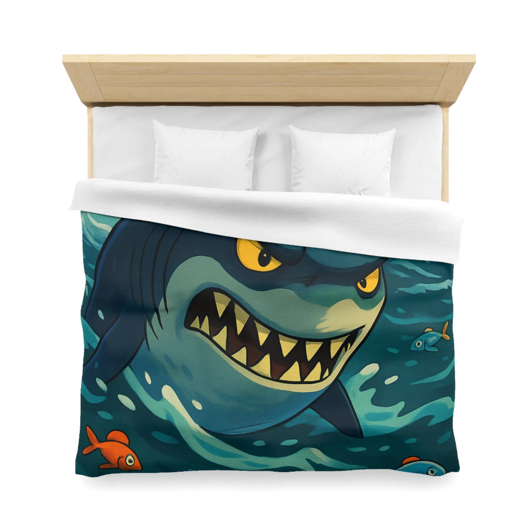 Housse de couette avec requin cartoon effrayant et poissons colorés en mer orageuse