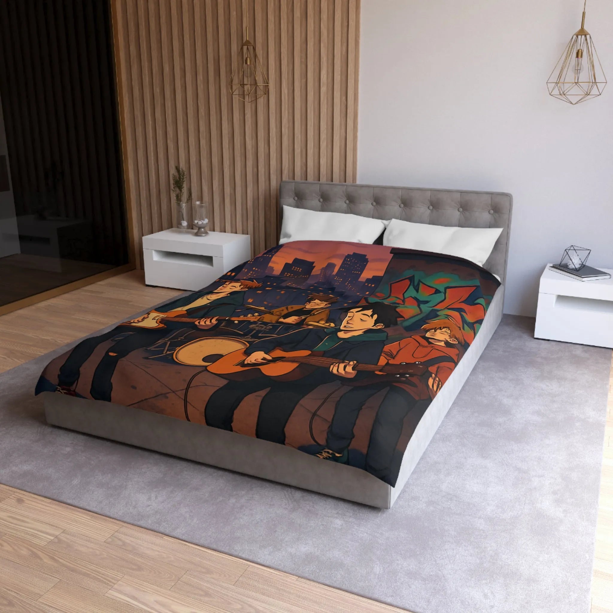 Housse de couette avec illustration de groupe jouant sur toit urbain au crépuscule