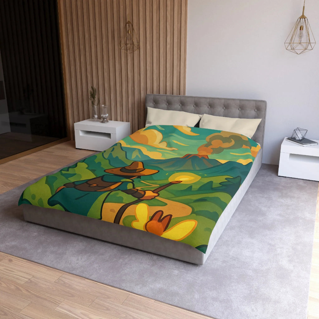 Housse de couette magique aventure volcan, randonnée féerique enchantée animaux rougeoyant lumineux