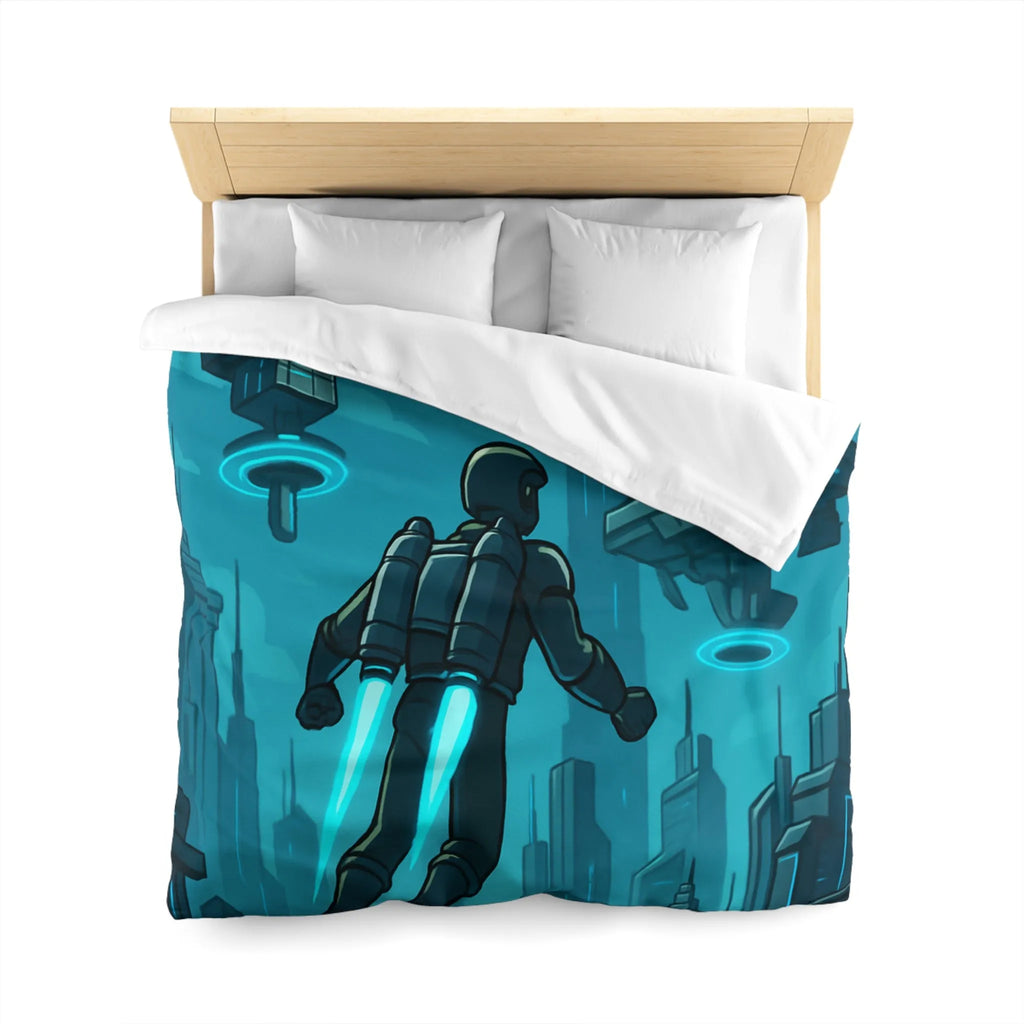 Housse de Couette Futuriste avec Ville Céleste et Homme en Jetpack Néon Bleu