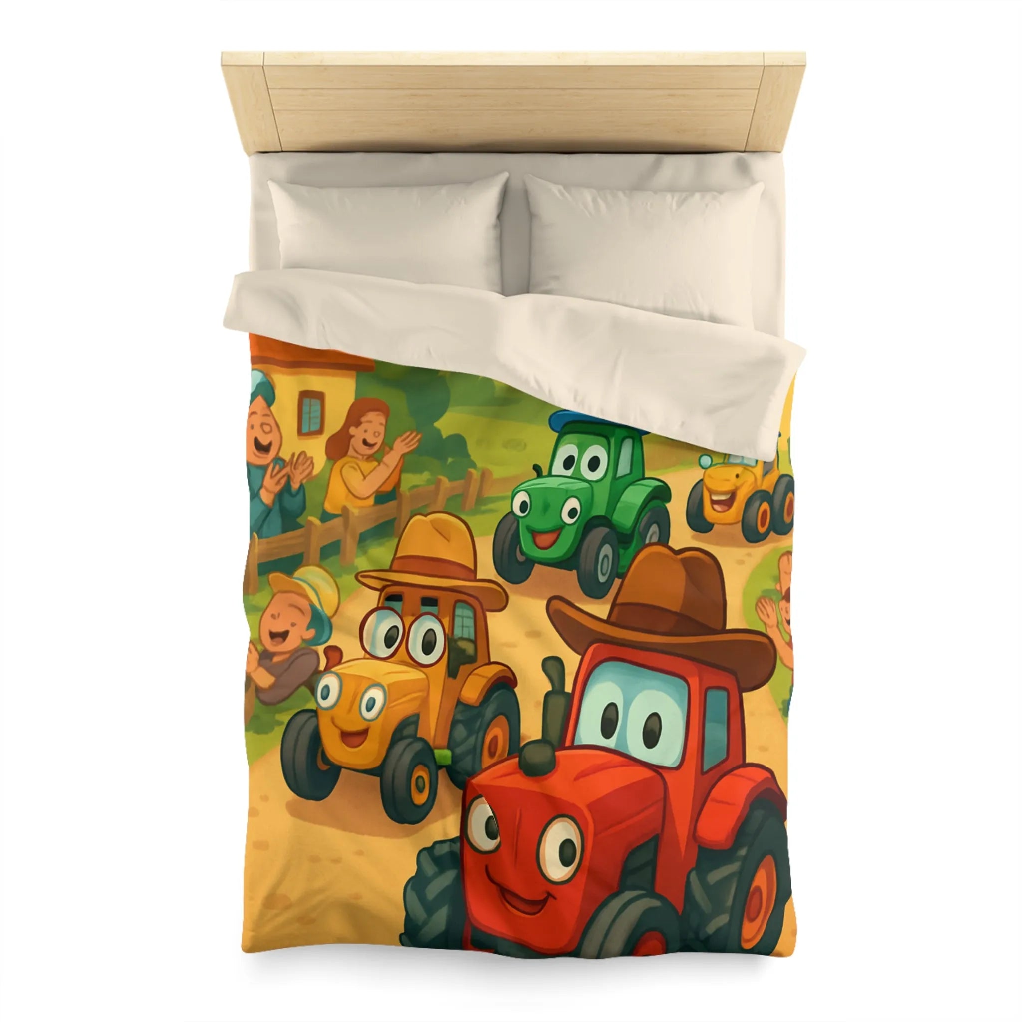 Housse de Couette Enfants Motif Tracteurs Souriants Champs Paysans Ensoleillés et Amusants