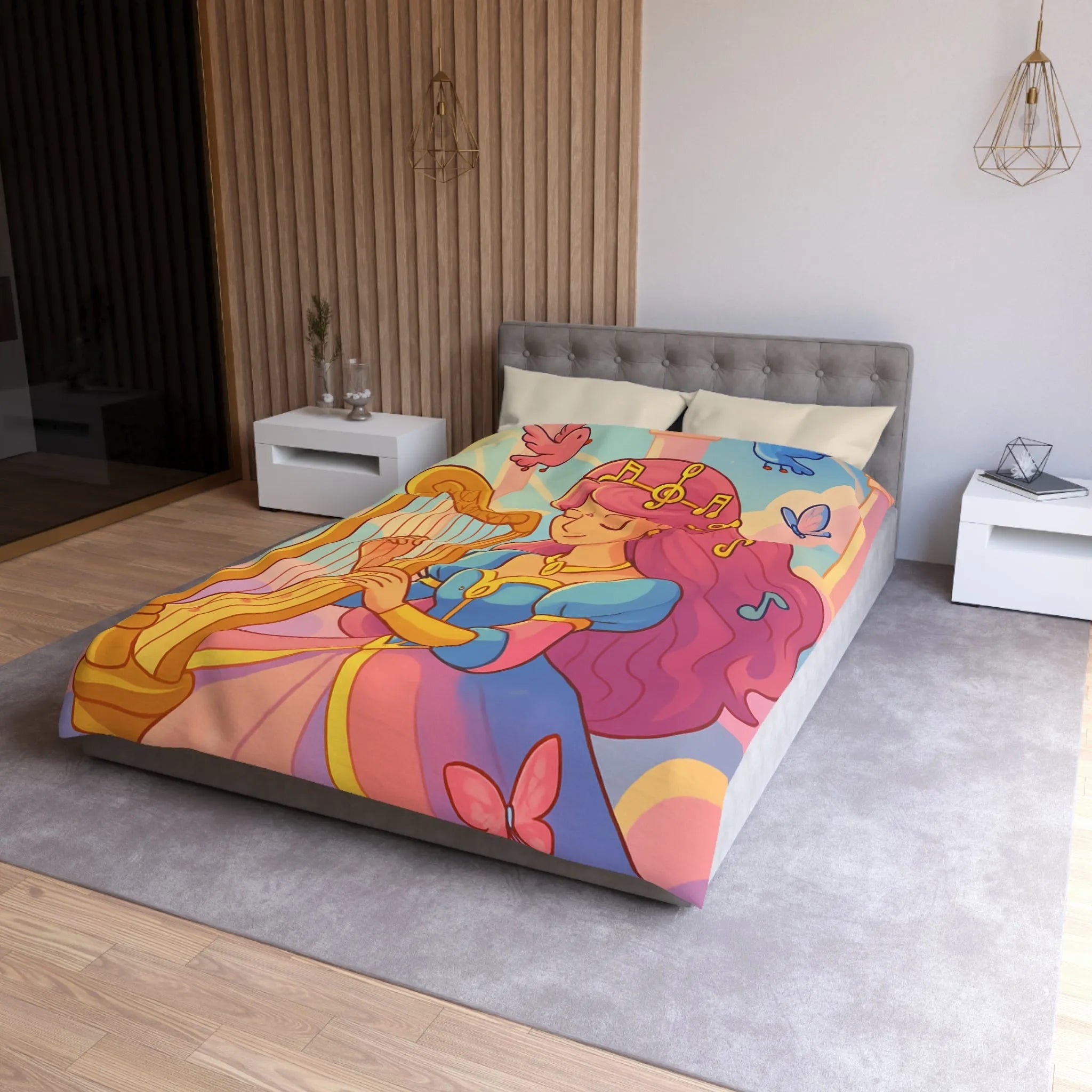Housse de Couette Magique Princesse Jouant Harpe avec Oiseaux et Papillons Colorés