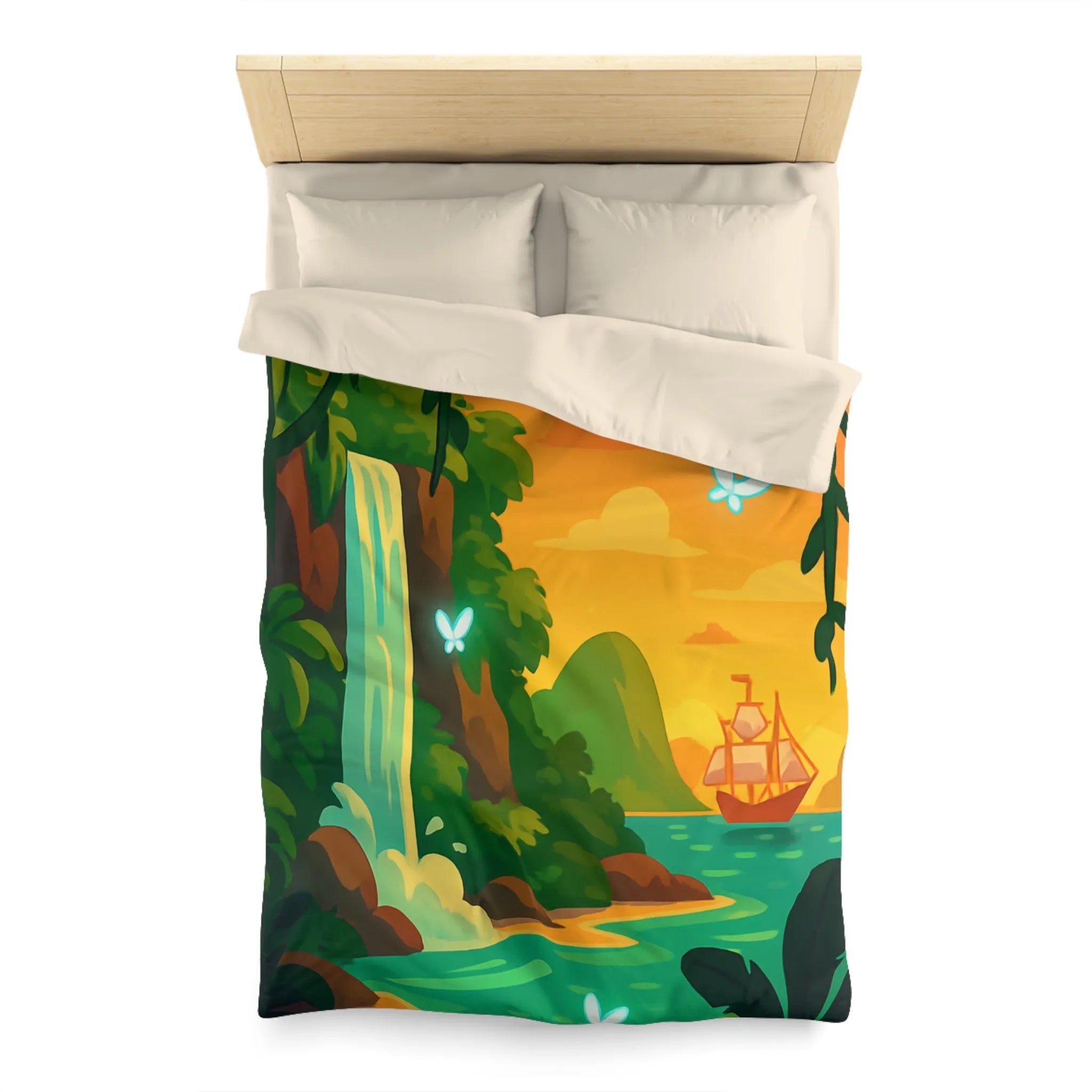 Housse de couette exotique avec cascade, papillons lumineux et bateau au coucher du soleil